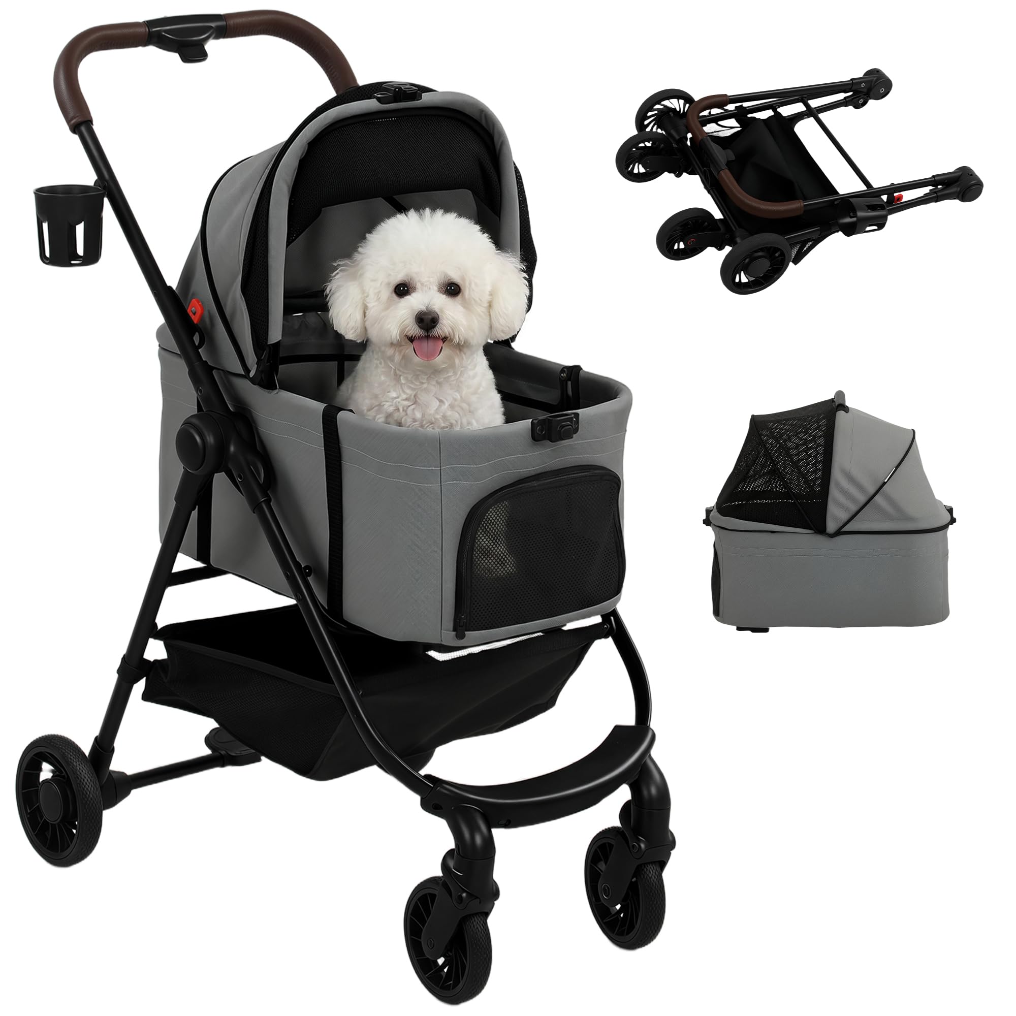 Pawhut Poussette pour chien 3 en 1 pliable pour petit chiot et chat, Gris