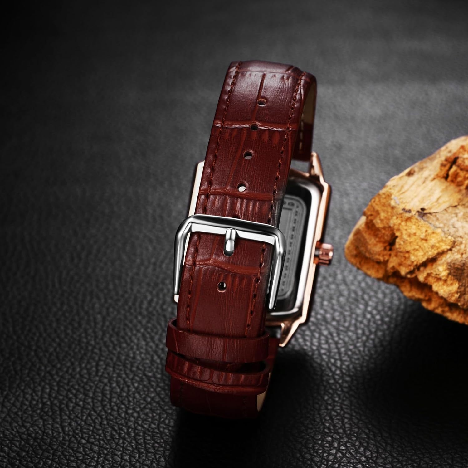 Lancardo Retro Vintage Square Quartz Analog Watch Silver Tone Case Crocodile Pattern Brown Leather Business Casual Dress Wrist Watch - Image 6