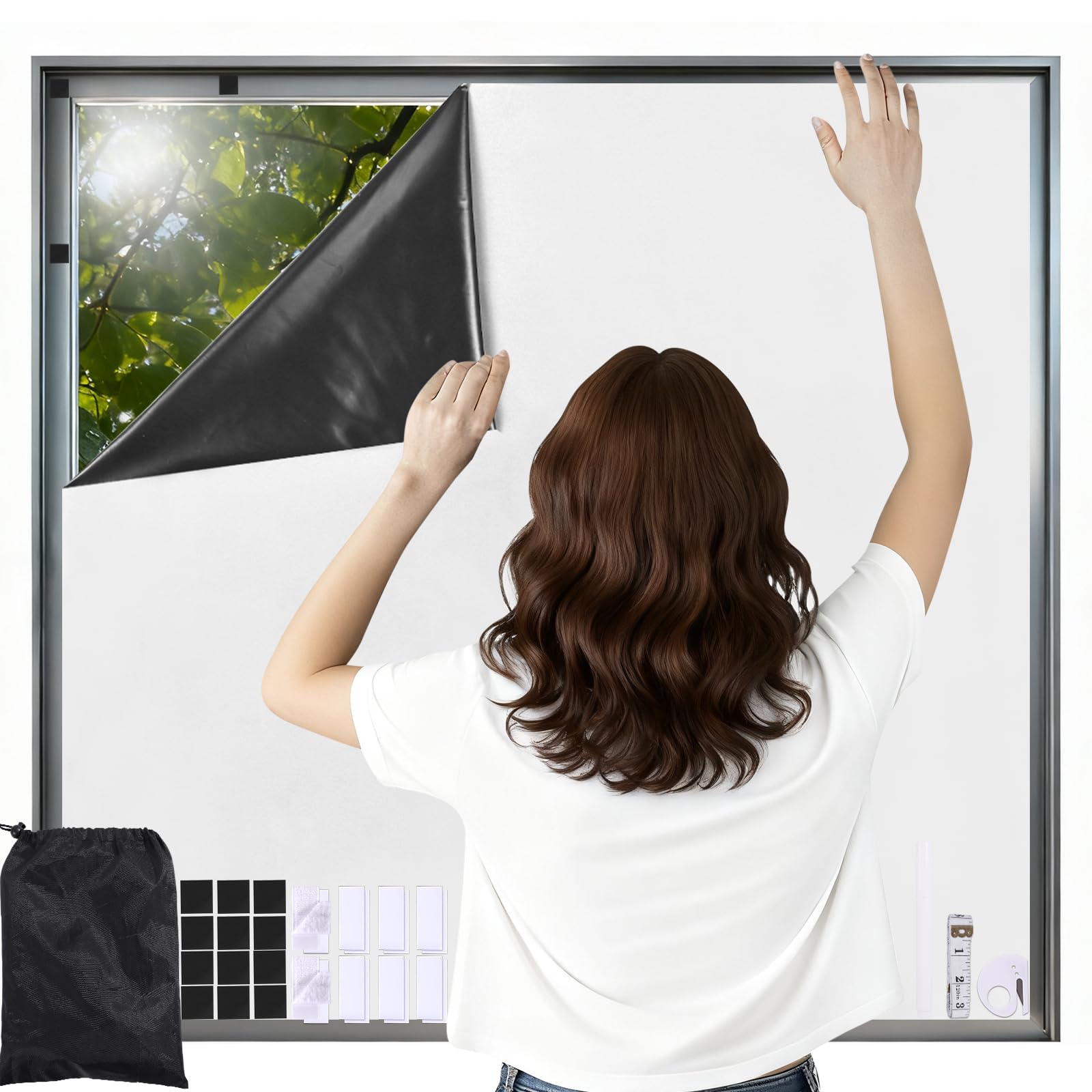 Magnetic Blackout Blinds Stick On No Drill Temporary Blackout Blind Self Adhesive Portable Window Blackout Cover Curtains for Renter Bedroom Bathroom Kitchen Nursery Travel