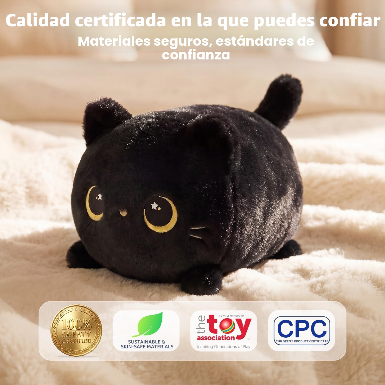 Mewaii 20CM Peluche Pequeños Gato Negro con Ojos de Luna-Suave y Lindo Cojín de Peluche para Abrazar - Ideal para Niños, Regalo para Navidad, Cumpleaños y Más