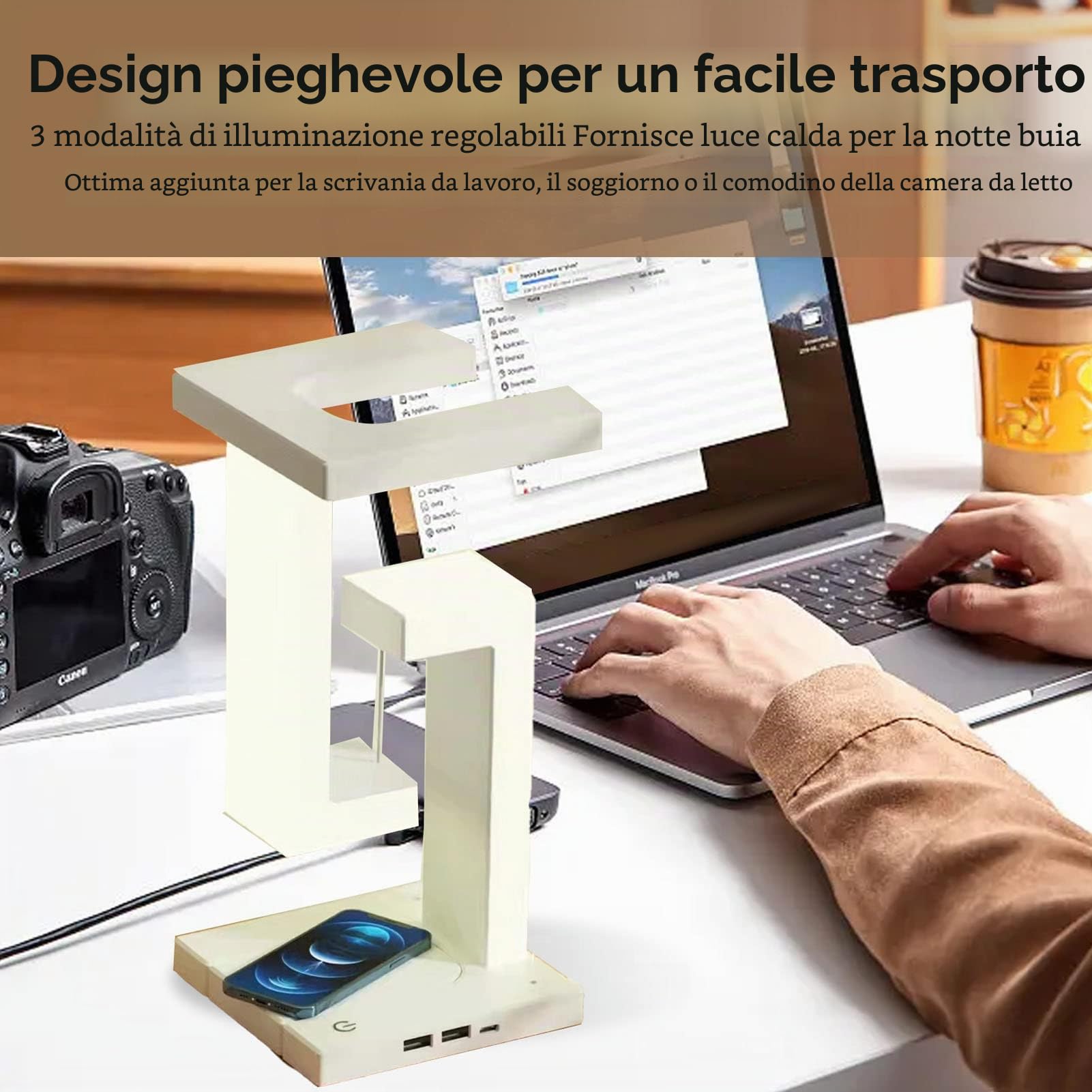 Luce Notturna a Levitazione Magnetica, Lampada da Tavolo a LED con Interruttore Tattile a 3 Ingranaggi con Ricarica Wireless Per Telefono Bianca, Lampada da Scrivania a LED Lampada da Ufficio Dimmerab