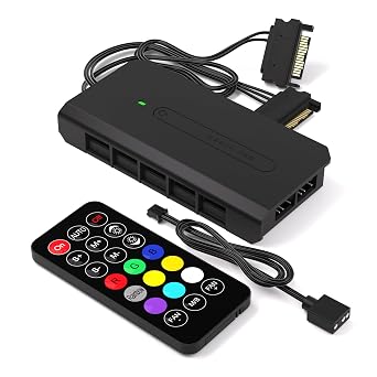 EZDIY-FAB 10 Ports RGB Fan Hub-I for PC Case Fans,Support 6-pin EZDIY-FAB RGB Fans,with 2X 5V 3pin Ports for ARGB Device,with SATA Power Cable and Remote Control,Motherboard Sync