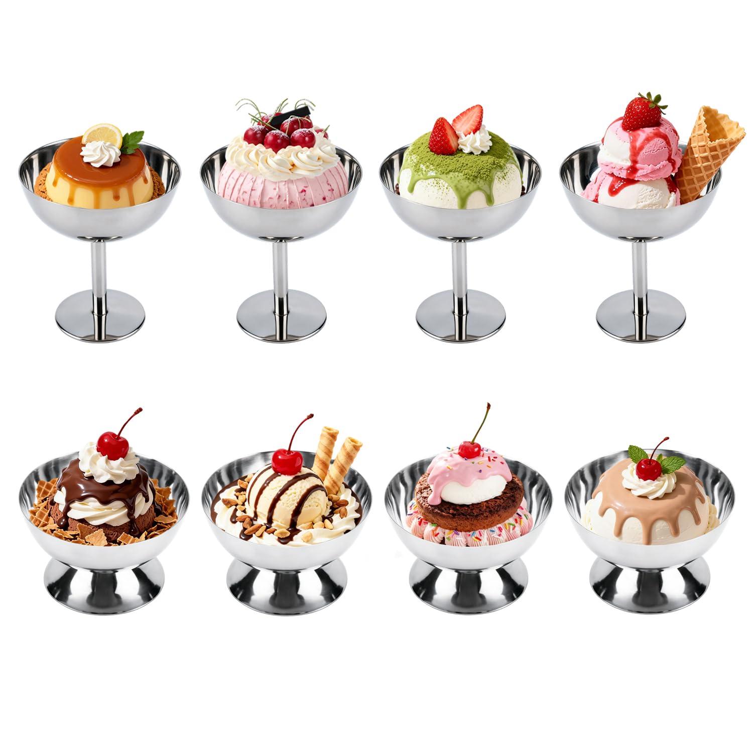 Copa de Helado, Tazón de Helado de Acero Inoxidable de 200 ml Reutilizables Redondas Tazas de Yogur con Patas para Helados Frutas Pudín Postres (8 Piezas, Alto + Corto)