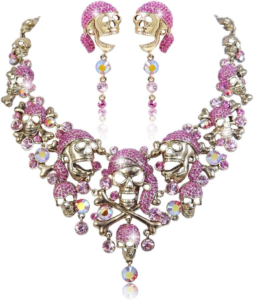 EVER FAITH Austrian Crystal Vintage Style Halloween Skull Bone Cross Necklace Earrings Set