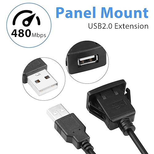 Miniatura 2 de YACSEJAO Cable USB cuadrado de montaje empotrado USB 2.0 de un solo puerto para tablero de instrumentos, cable de extensión con hebilla para
