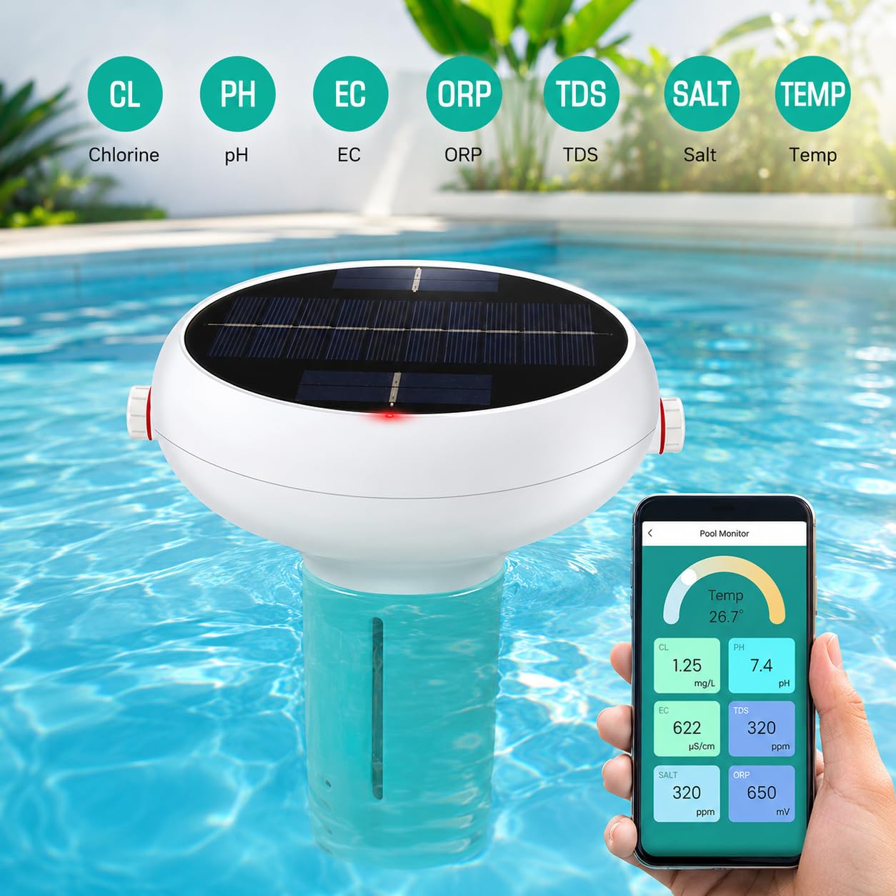 Tester jakości wody Bluetooth 7 w 1, cyfrowy monitor temperatury pH EC TDS ORP do basenów, jacuzzi, akwariów, dokładnych pomiarów, przyjazny dla użytkownika