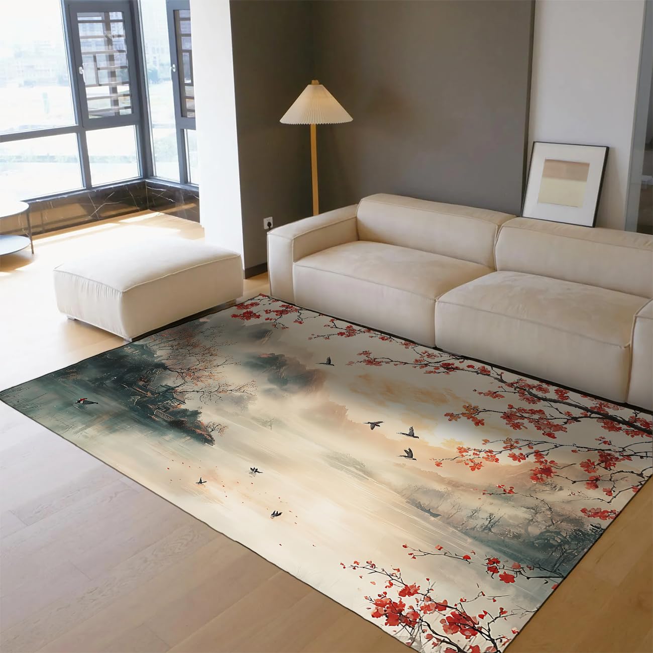 Tapis paysage oriental japonais lavable antidérapant rouge salon 150x240