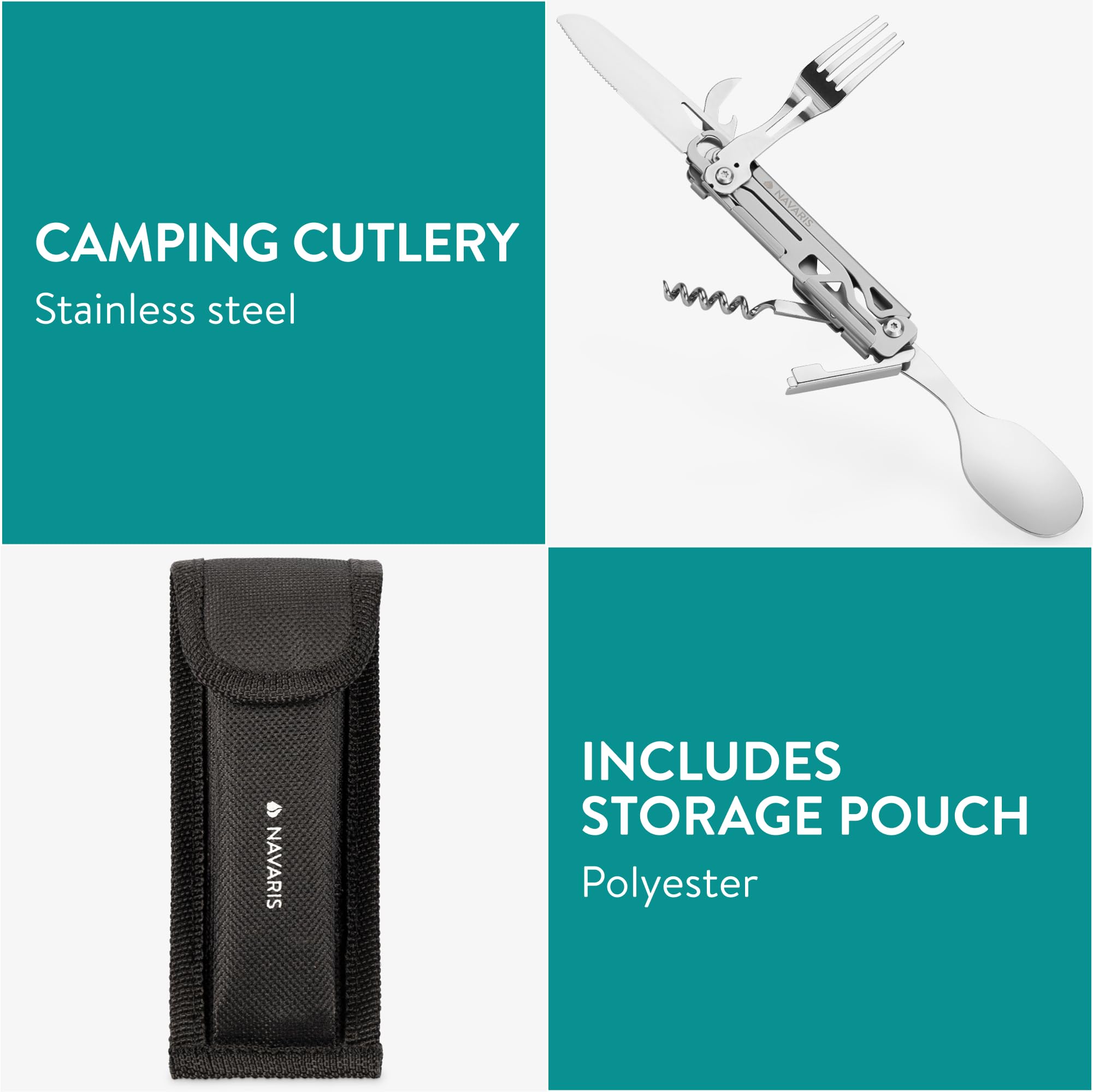 Navaris Posate Pieghevoli da Campeggio in Acciaio Inossidabile - Set 6 in 1 - Forchetta Cucchiaio Coltello Apriscatole Cavatappi e Apribottiglie - con Custodia in Neoprene