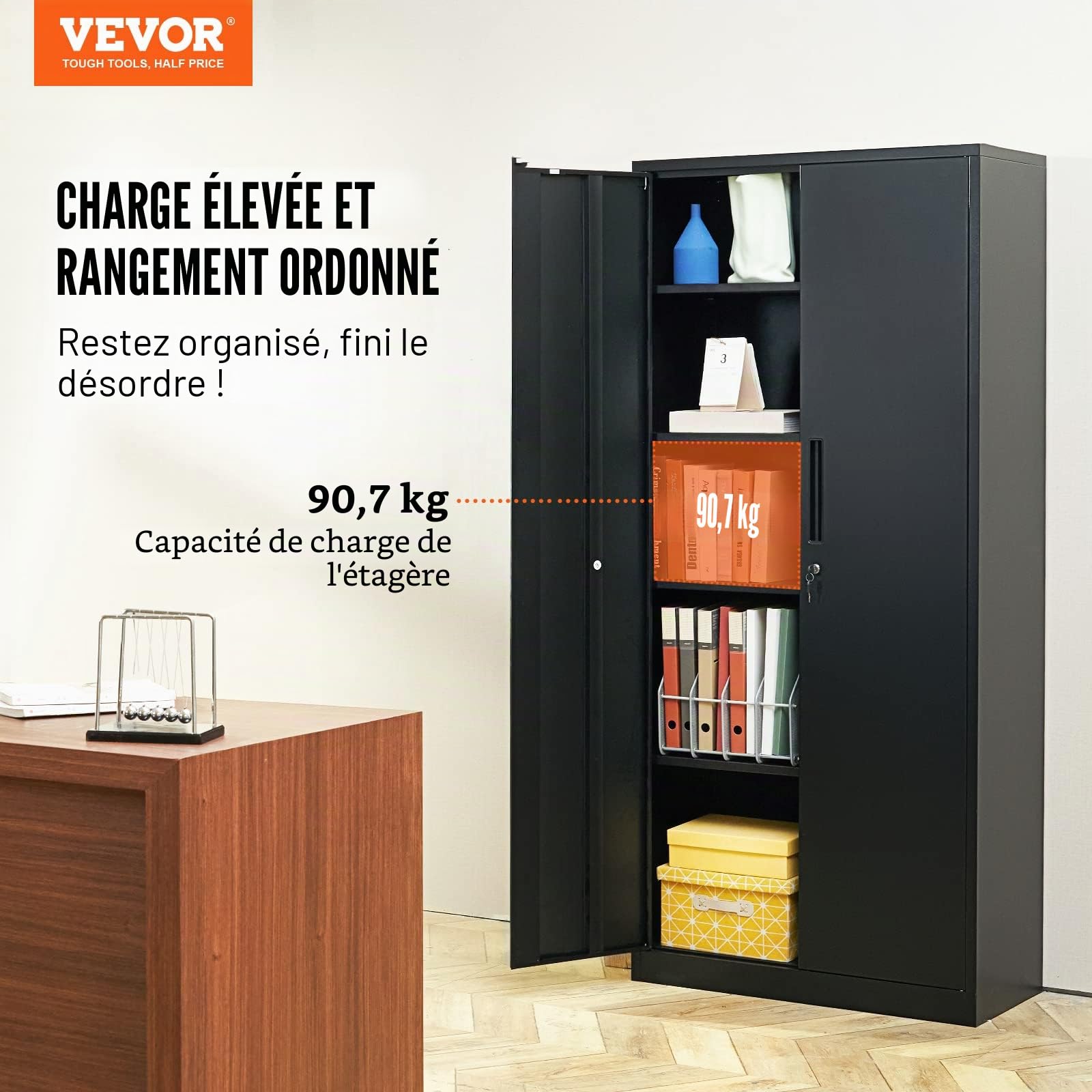 VEVOR Armoire de rangement en métal, armoire de rangement verrouillable en acier avec 2 portes magnétiques et 4 étagères réglables, armoire en métal de 180,7 cm, capacité de 90,7 kg par étagère avec 3