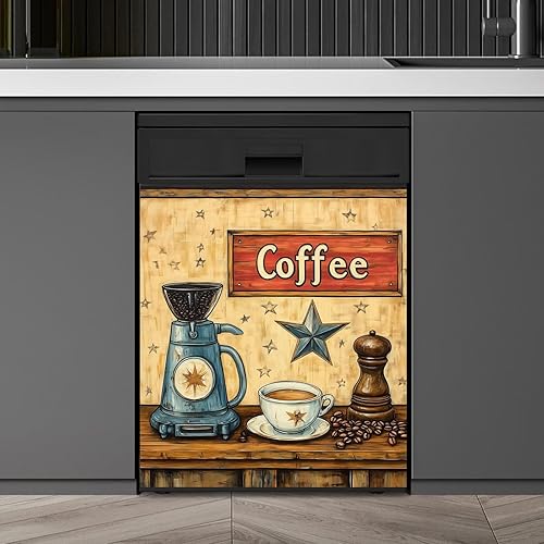 Miniatura 20 de Cubierta Magnética para Lavavajillas Retro Coffee Time, Cubierta Magnética para Lavavajillas de Granos de Café de Estilo Vintage, Calcomanía de