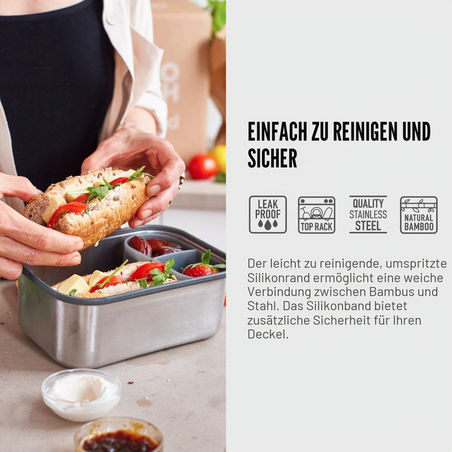 BLACK + BLUM Edelstahl Sandwichbox | Ozean | 1,25 L Edelstahl Dose mit Deckel | Silikon-Trennwand & Silikonband | Bambusdeckel/Schneidebrett | Lunchbox Erwachsene BPA-frei | Bento Box Erwachsene