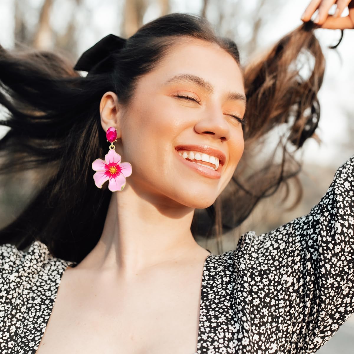 Fashion Colorful Enamel Flower Petal Drop Earrings Rhinestone Plant Peach Blossom Flower Dangle Earrings Jewelry for Women Gifts - Image 4