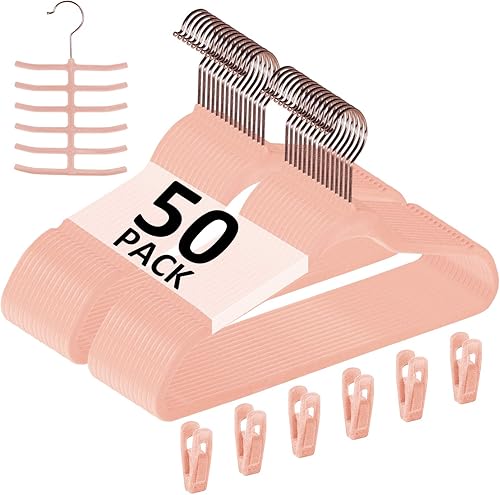 VECELO Perchas de terciopelo de alta calidad resistentes (paquete de 50)  Perchas de ropa antideslizantes y ahorradoras de espacio con 6 clips para
