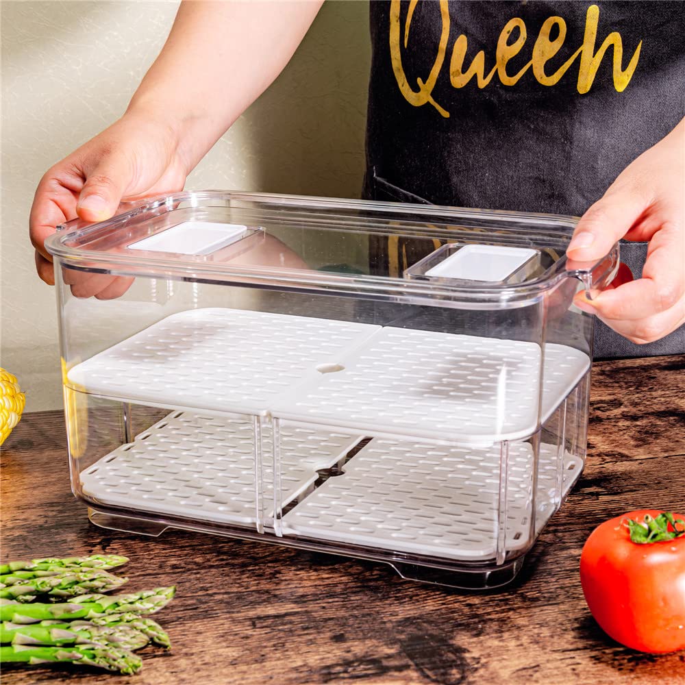 SANNO Fridge Produce Saver Storage Vegetable Fruit Food Container Stackable Refrigerator Organizer Bins Fresh Keeper Drawers, Set of 4, 9.2''Lx5.8''Wx4.8''H-2pack-10.8''Lx6.8''Wx5.7''H-2pack