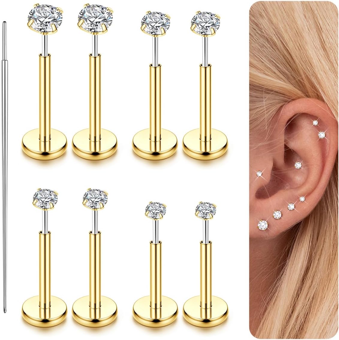 14K Gold Plated Threadless Nose Studs CZ Nose Rings for Women Men 316L Surgical Steel Labret Studs Lip Rings Push in Flat Back Stud Earrings CZ Nose Nostril Tragus Helix Piercing Jewelry Hypoallergenic 20G 18G 16G