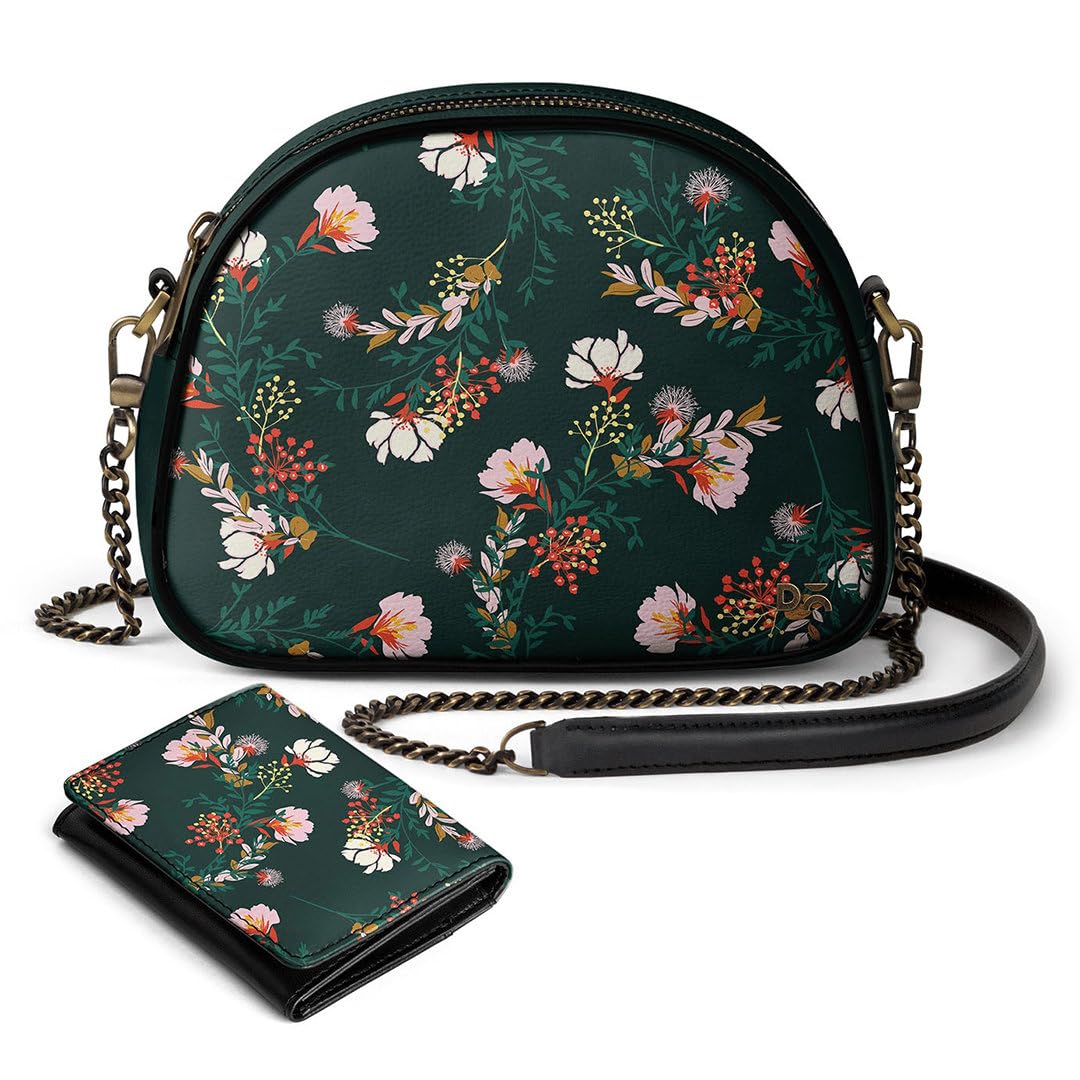 DailyObjects Womens Vegan Leather Lush Midnight Print Arch Sling Crossbody Bag and Fliptop Wallet Combo with Slip Pocket Inside Zip Closure with Large Storage Space and Detachable Strap (Green) (B09BD2STP8) Amazon Price History, Amazon Price Tracker