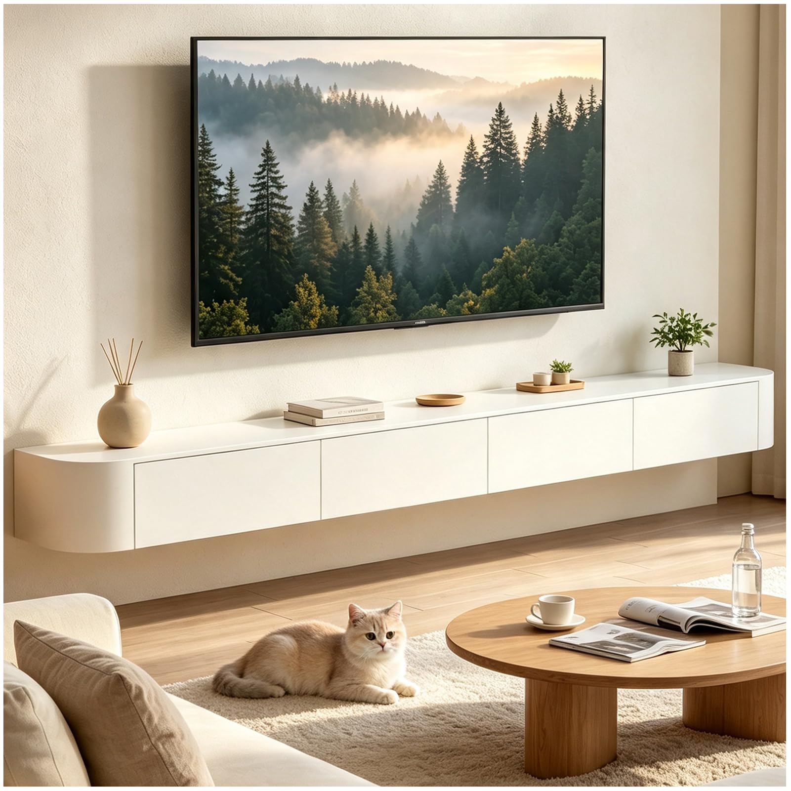 Mobile TV sospeso, bianco, 240 (2 x 120) cm, montaggio a parete con 2 cassetti e 2 ante, mobile TV sospeso, moderno, per soggiorno e camera da letto