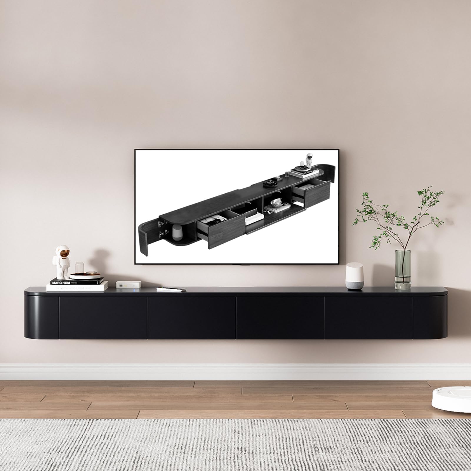 Floating TV Stand Wall Mounted Media Console, Modern Solid Wood Entertainment Center with Door, Floating Shelves, Space-Saving TV Unit for Living Room Bedroom (Black-B, 63.0 in)