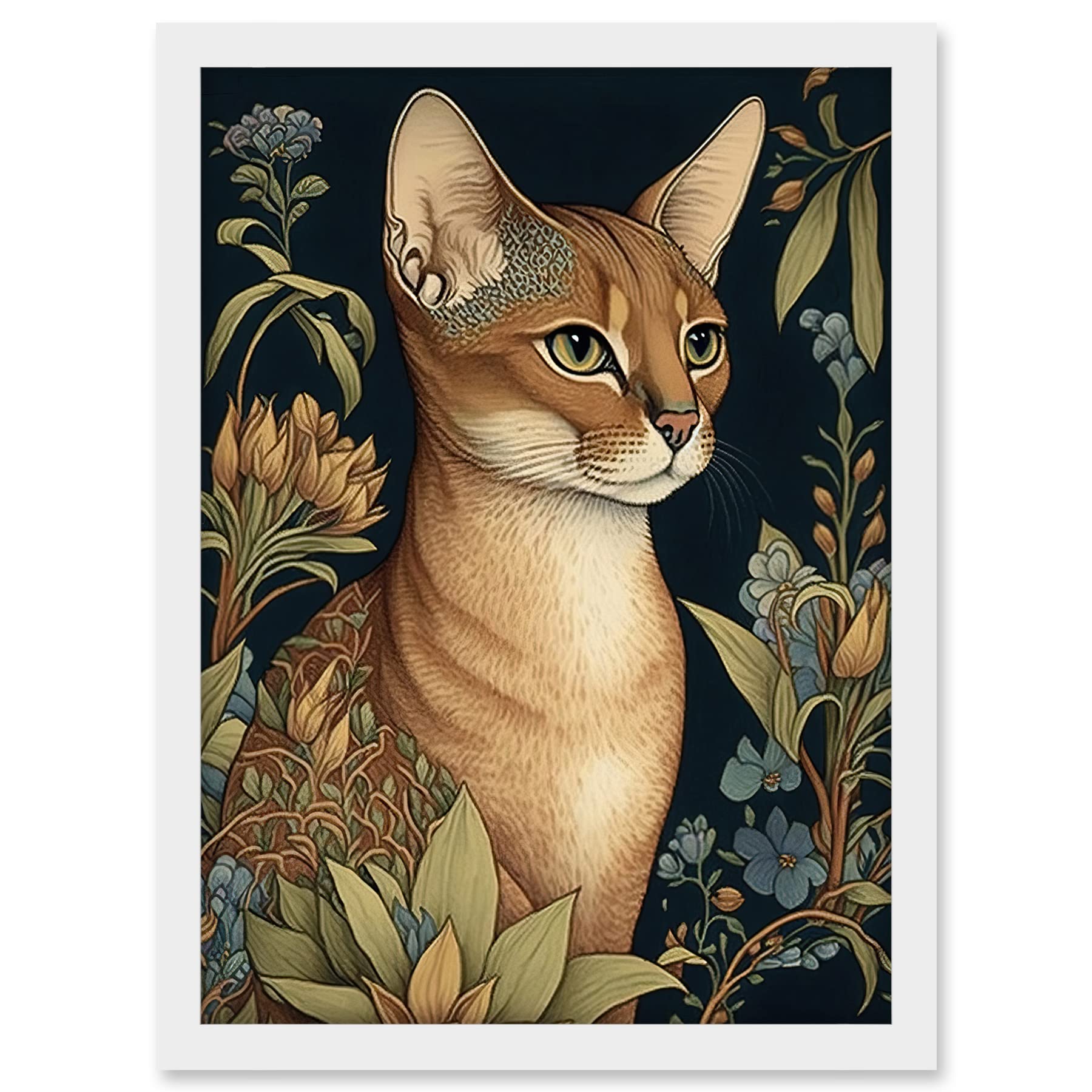 Artery8 Abyssinian Cat with Flowers Art Nouveau Modern Watercolour Illustration Artwork Framed A3 Wall Art Print