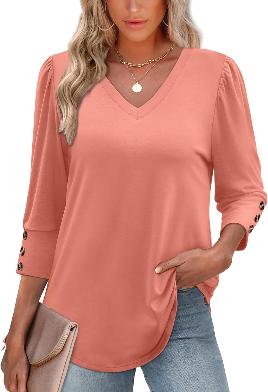 XIEERDUO Womens 3/4 Sleeve Tops with Buttons V-Neck Summer Outfits Casual Blouses Shirts Beach Vacation Fall Clothes 2025 - Image 2