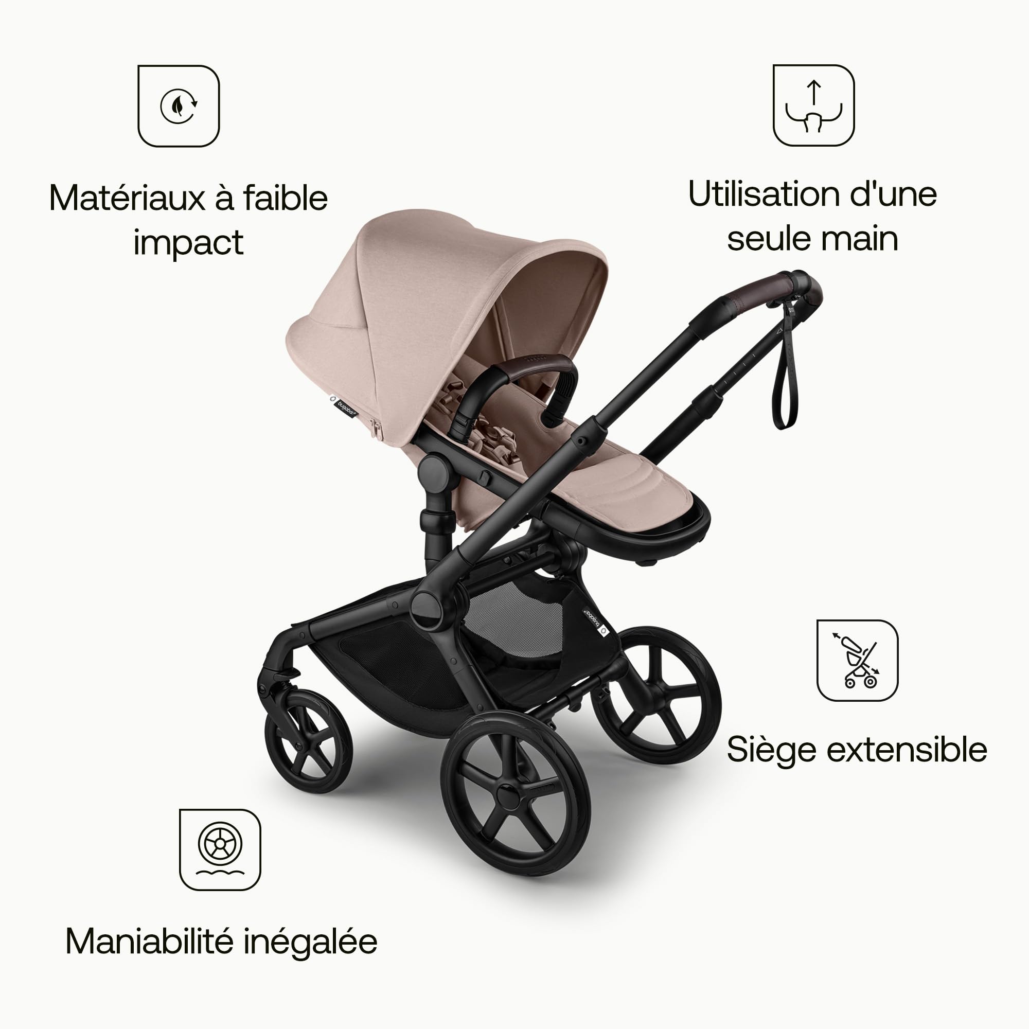 Bugaboo Fox 5 Renew Poussette tout-terrain 2 en 1 avec suspension, pliage facile, nacelle spacieuse, siège extensible, maniable d'une seule main, châssis noir et capote Desert Taupe Melange