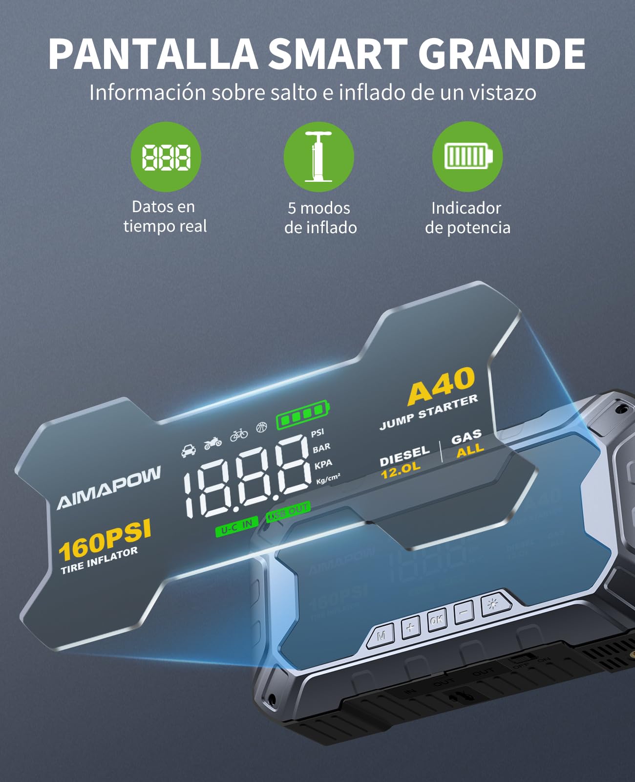 AIMAPOW Arrancador de Coches 9000A con Compresor, 160PSI Inflador de Neumáticos, Jump Starter 12V, Arrancador de Baterias de Coche(Todo Gasolina o 12L Diésel), Pantalla LCD, Luz de Emergencia