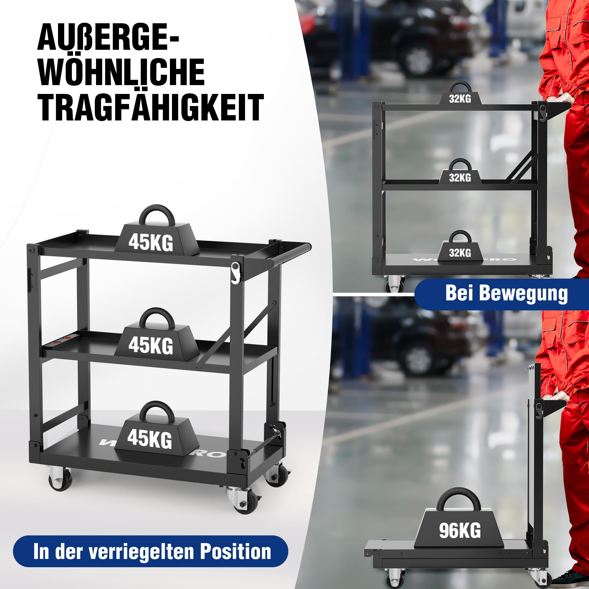 WORKPRO Servierwagen 3-in-1, Klappbarer Wagen 3 Etagen, Rollwagen klappbar, Dienstwagen mit Rädern, für Küche, Hotel, Werkstatt, Kunststudio und Galerie