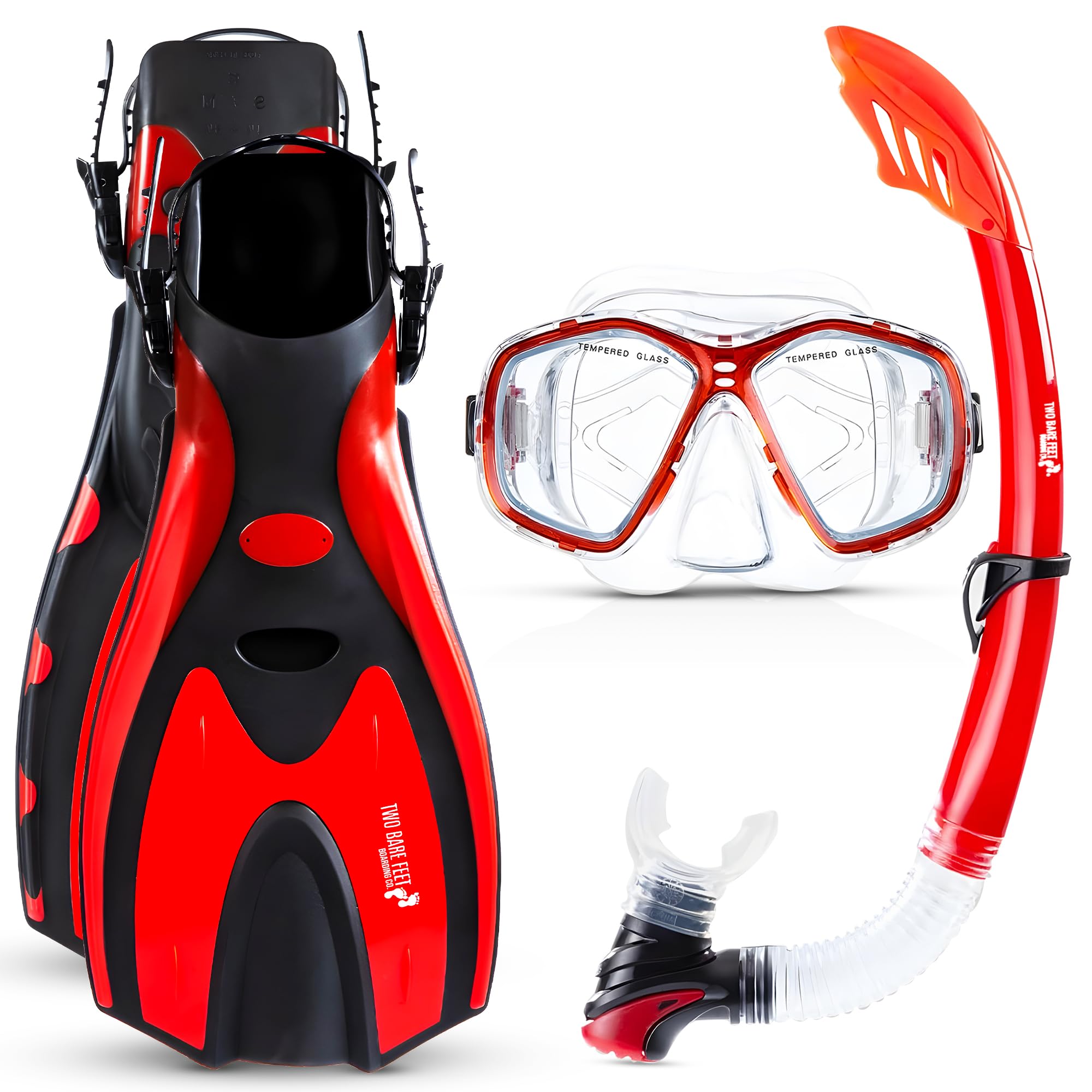 Two Bare Feet Snorkel, Mask and Fins/Flippers PVC Snorkelling Set (Adults) With Anti Fog and Wide View Mask, Anti-Leak, Tempered Glass - Scuba Dive Snorkelling Sets (S/M (UK4.5-8.5), Red)