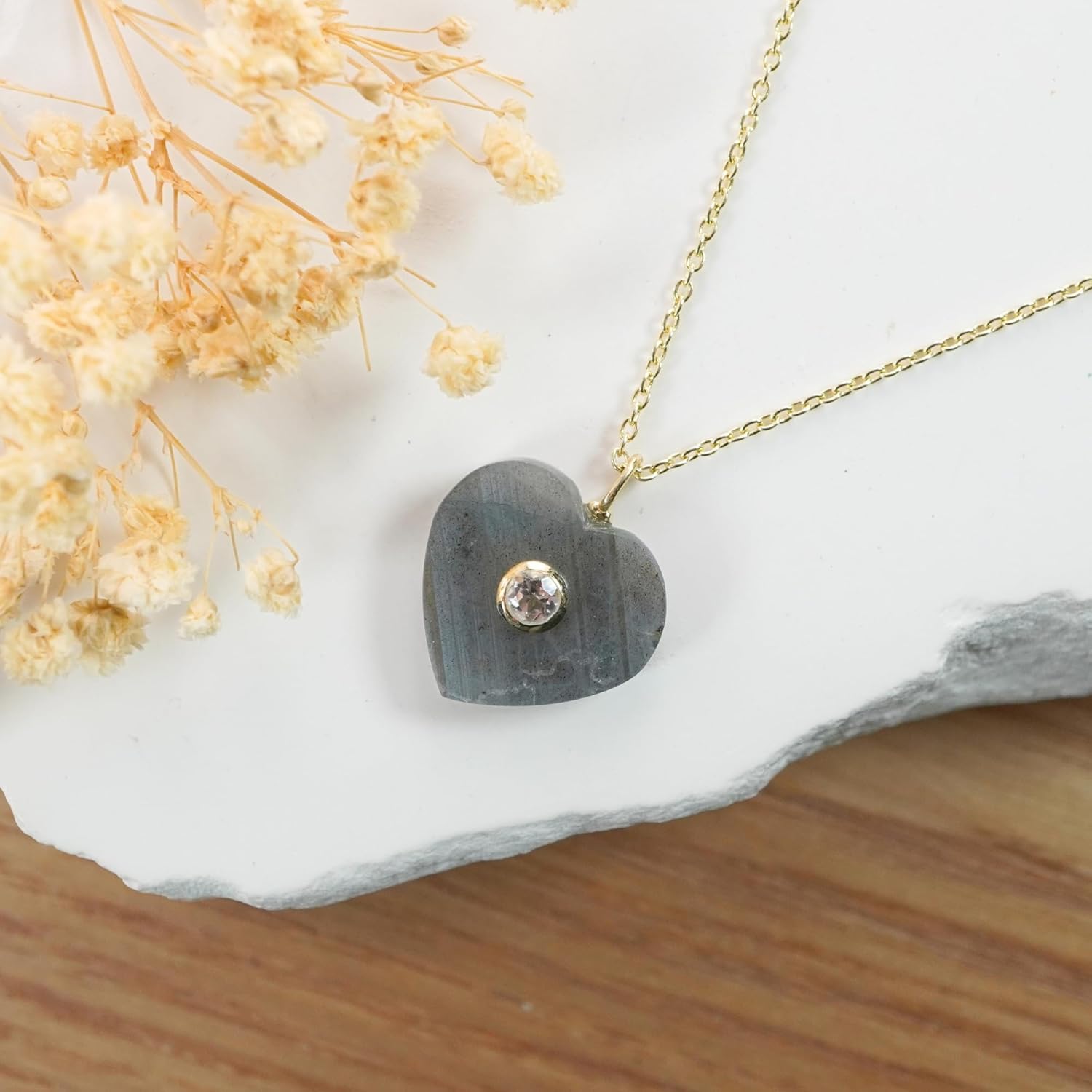 Heart-Shaped Gemstone Necklace for Women – Natural White Topaz Accent – Real 925 Sterling Silver with 18K Gold Plating – Romantic Fine Jewelry Gift - 18 Inch Chain - Image 4