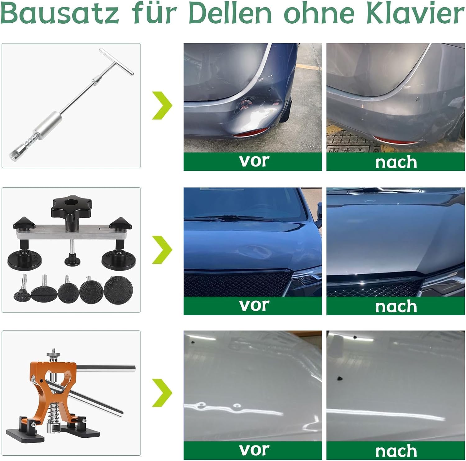 Dellen Reparaturset Auto – PDR Ausbeulwerkzeug Set lackfrei mit LED Dent Board, Gleithammer, Zugbrücke & Dent Puller – Für Auto Beulen, Hagelschäden, kleine & große Dellen