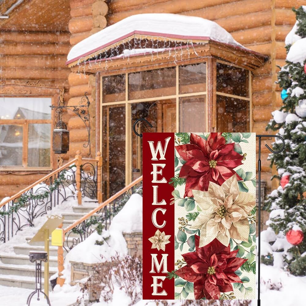 Winter Christmas Poinsettia Garden Flag 12x18 Inch Double Sided Outside, Welcome Floral Xmas Holiday Outdoor Seasonal Yard Decoration - Image 2
