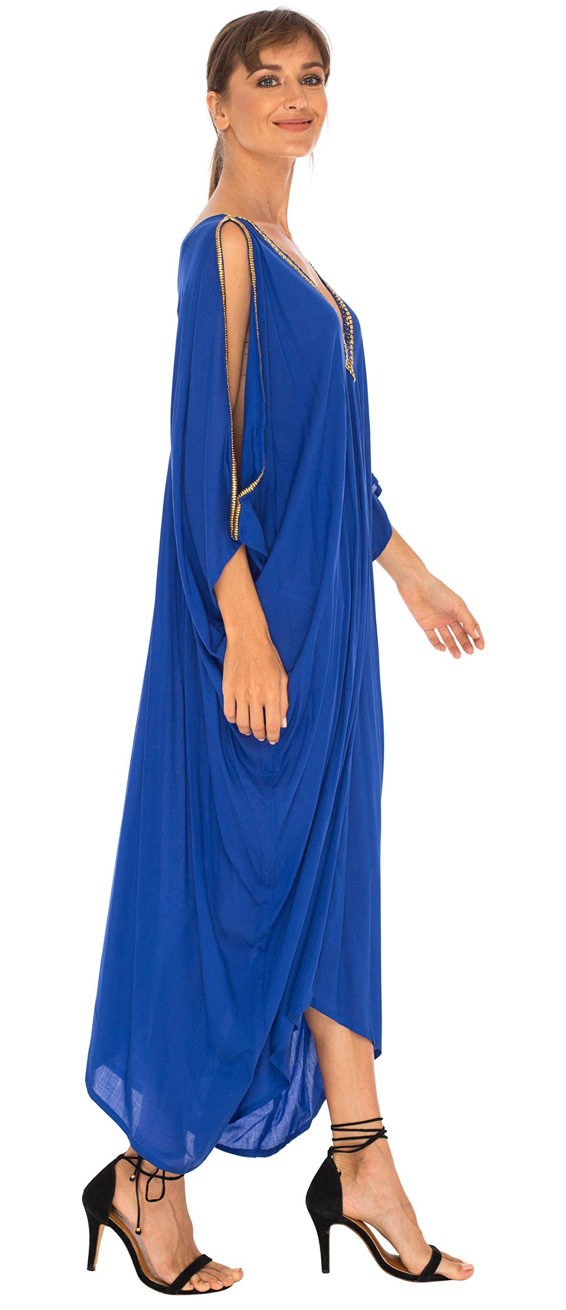 SHU-SHI - Maxi Abito/Caffetano da Spiaggia - Scollo a V e Maniche con Aperture Laterali - Dettagli Dorati - Donna