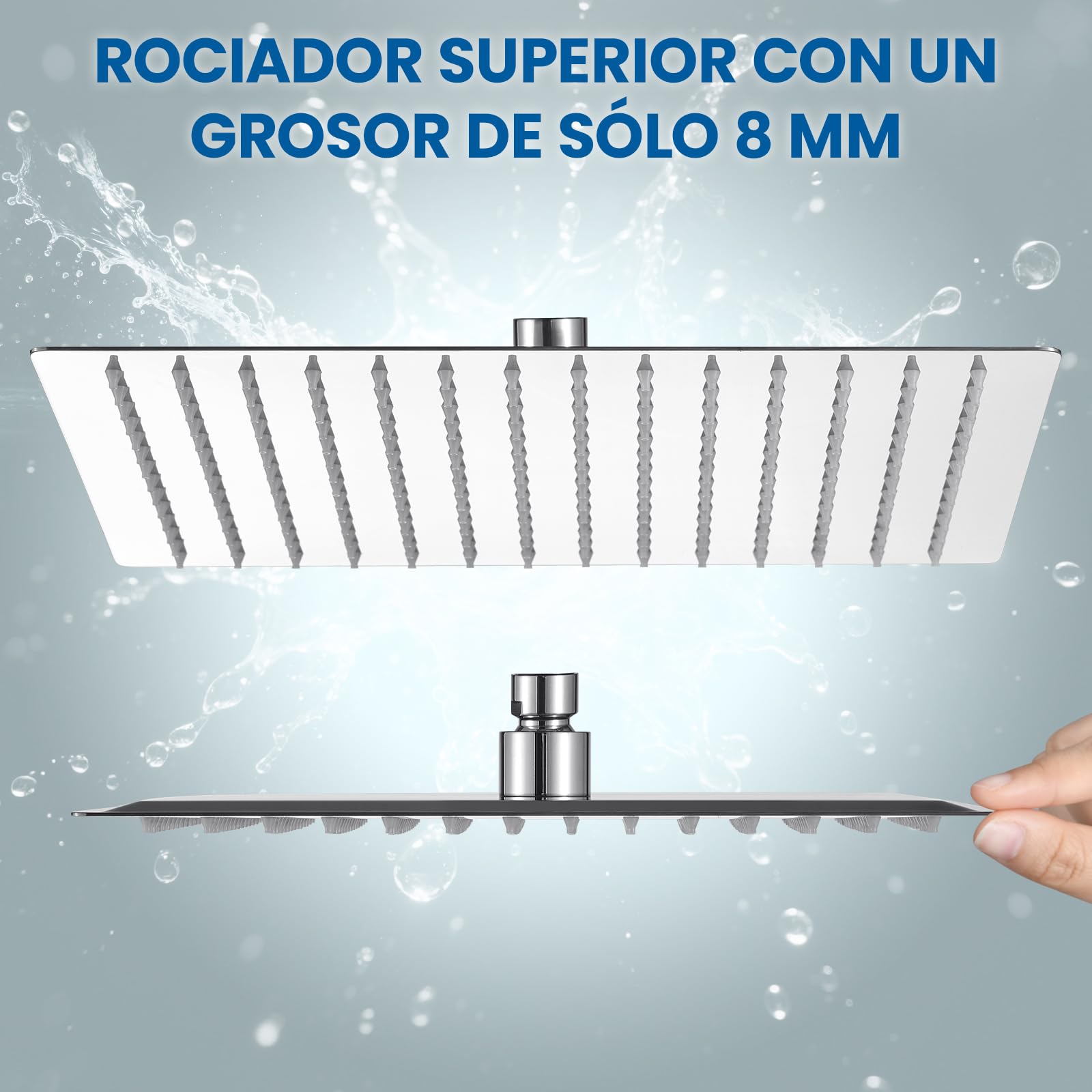 Alcachofa de Ducha Grande Anticalcáreo y Alta Presión - Cuadrado 10 Pulgadas con Boquillas de Silicona Autolimpiantes - Ducha de Lluvia en Acero Inoxidable, Fija a Pared para Baño Moderno - Cromado
