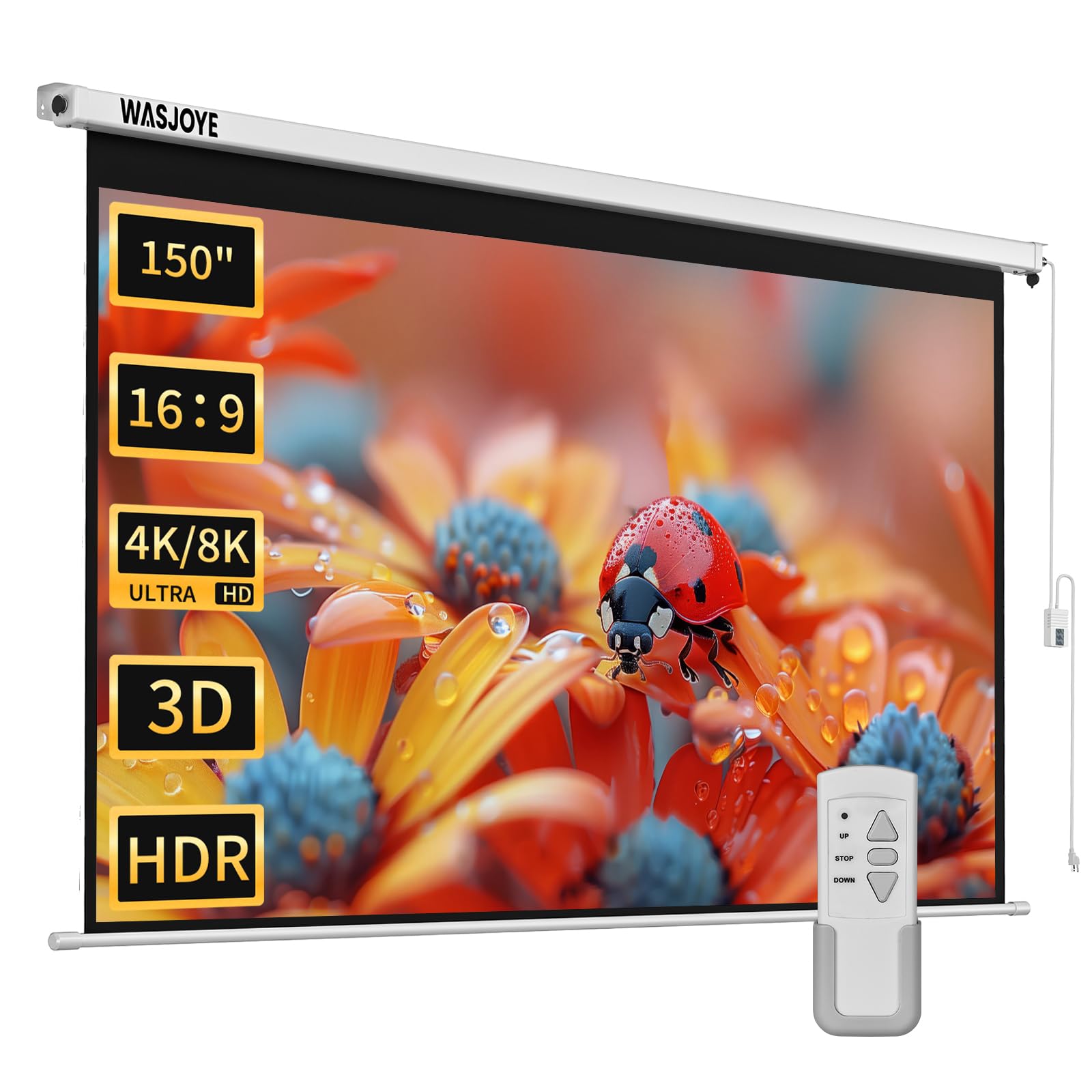WASJOYE 150" Leinwand Beamer Elektrisch Diagonale Automatische Projektion 16:9 8K HD Filme Schirm für Heimkino Büro Videospiel Outdoor Indoor, Projector Screen W/Fernbedienung und Wand/Decke Mount
