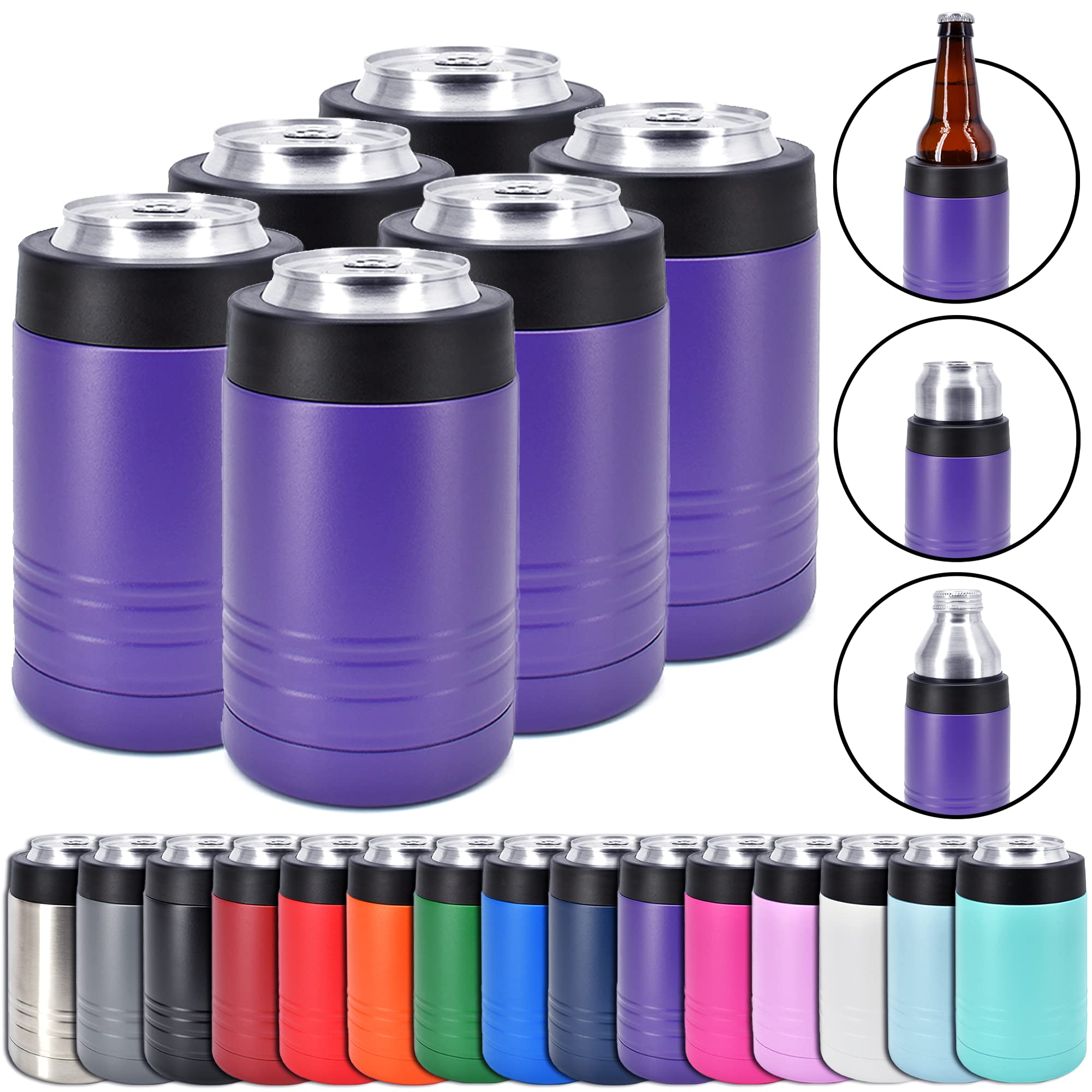 Clear Water Home Goods - 12 oz Stainless Steel Double Wall Vacuum Insulated Can or Bottle Beverage Cooler - Powder Coated Purple - 6 Pack
