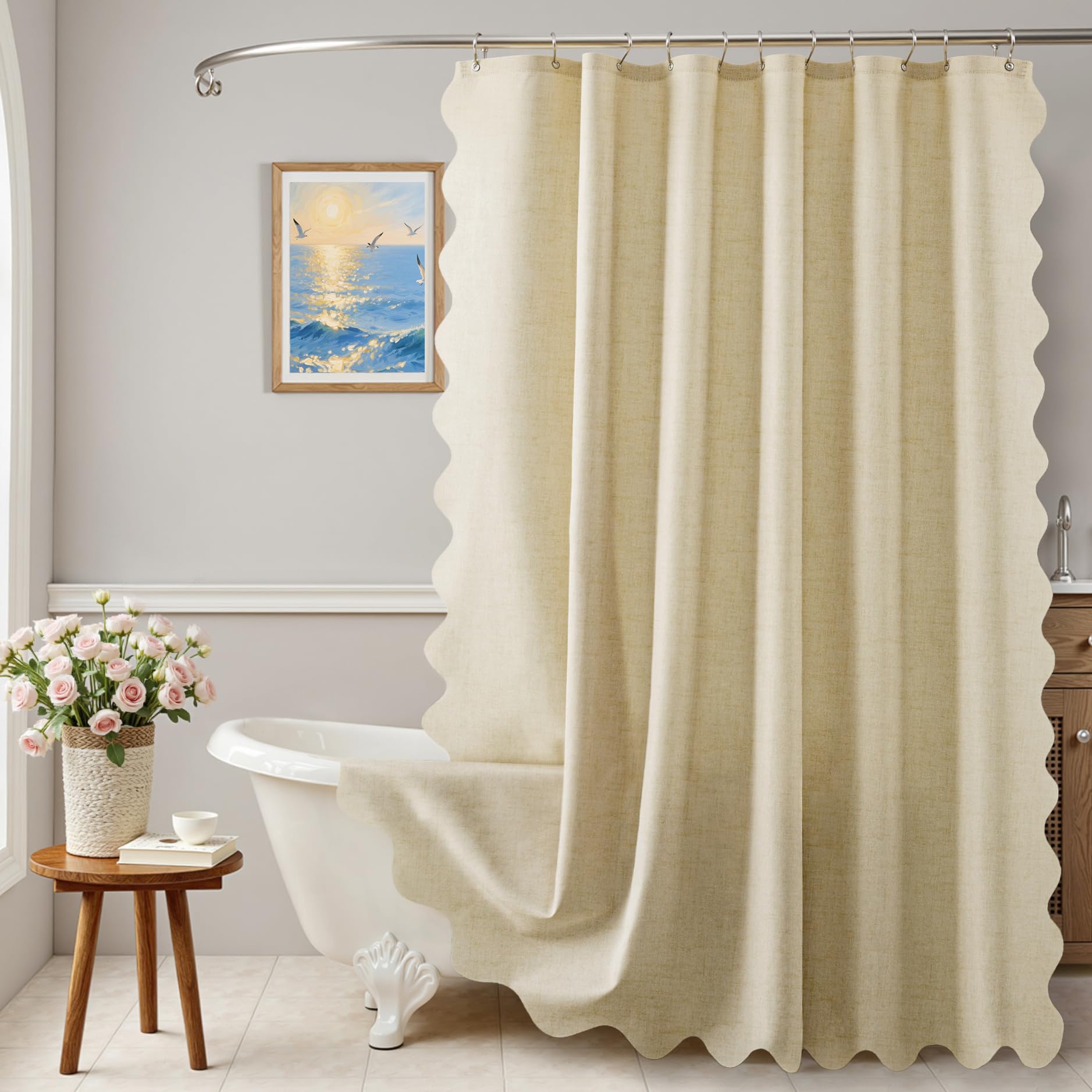 Tritard Beige Scalloped Shower Curtain Linen Textured Heavy Duty Waterproof Fabric Shower Curtains for Bathroom Neutral Cute Washable Bath Curtain Set