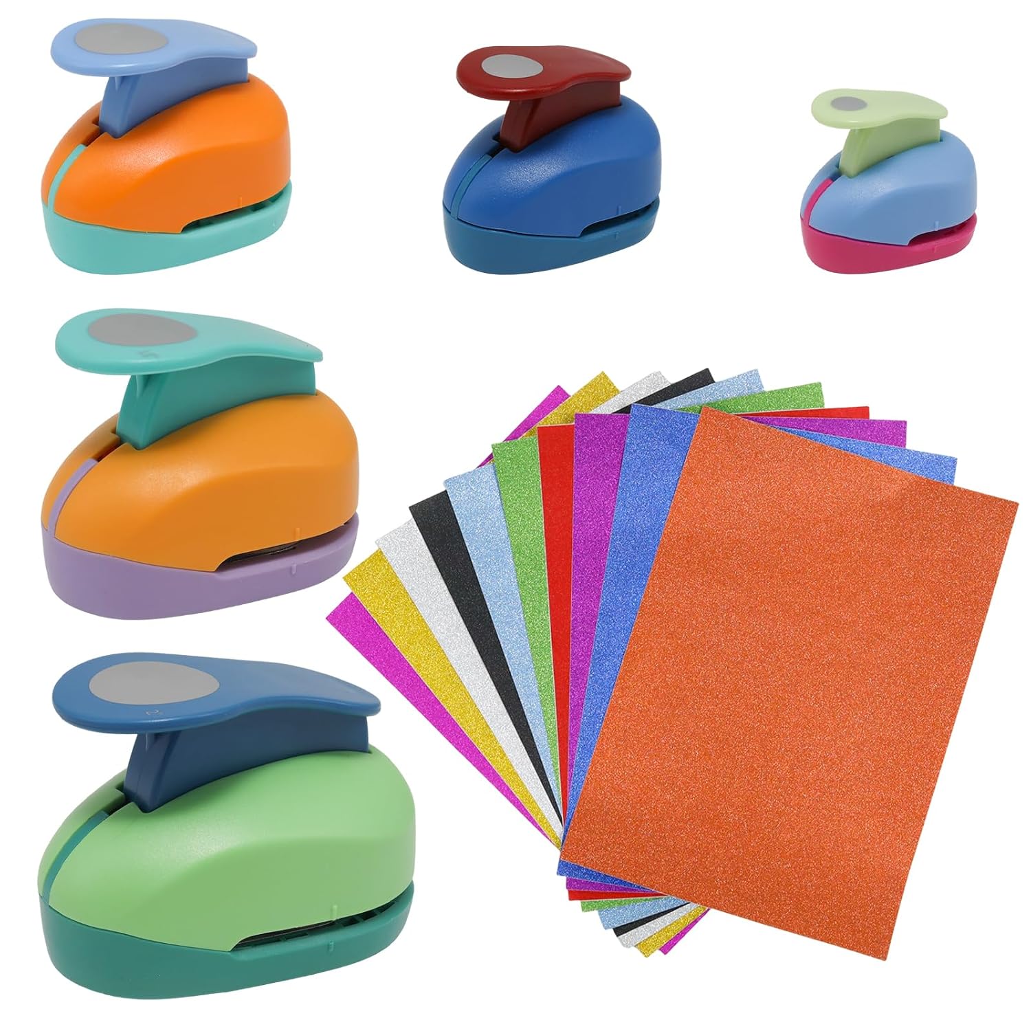Paper Hole Puncher Set,5PCS Circle Punch (0.3"/ 0.6"/ 1"/ 1.5"/ 2"),for Cardstock,Gift Wrapping,Greeting Cards and Scrapbook(10PCS Glitter Sheets Included)