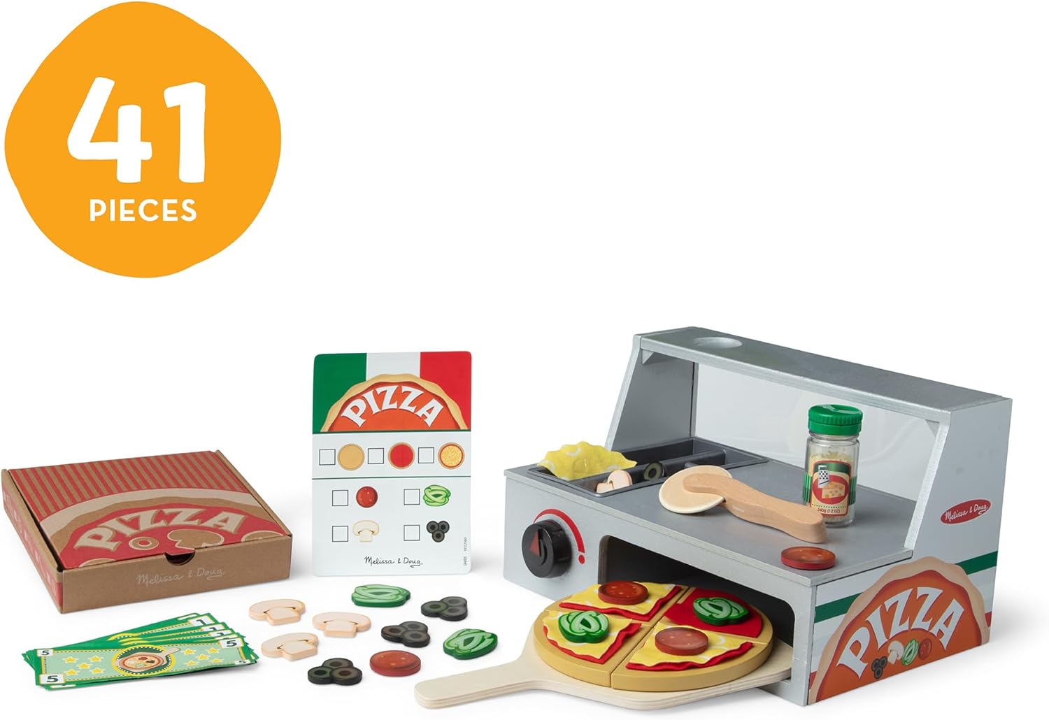 Melissa & Doug Top & Bake Wooden Pizza Counter Play Set with Play Food (41 Pcs) Preschool Toy Pizza, Wooden Food Set, Pretend Sets For Kids Ages 3+ - FSC-Certified - FSC Certified