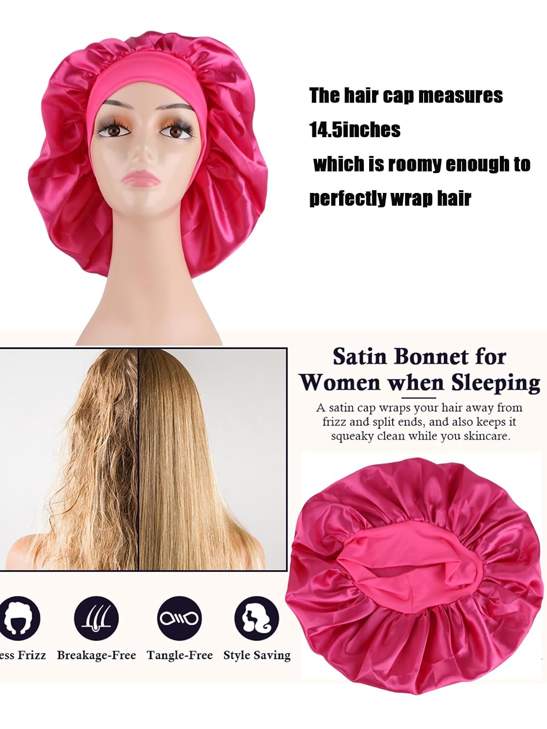 2 Pcs Extra Large Size Women Satin Bonnet Sleep Cap Silk Feeling Shower Cap Hair Scarf Wrap (Black Burgundy Hot Pink) (Hot Pink)