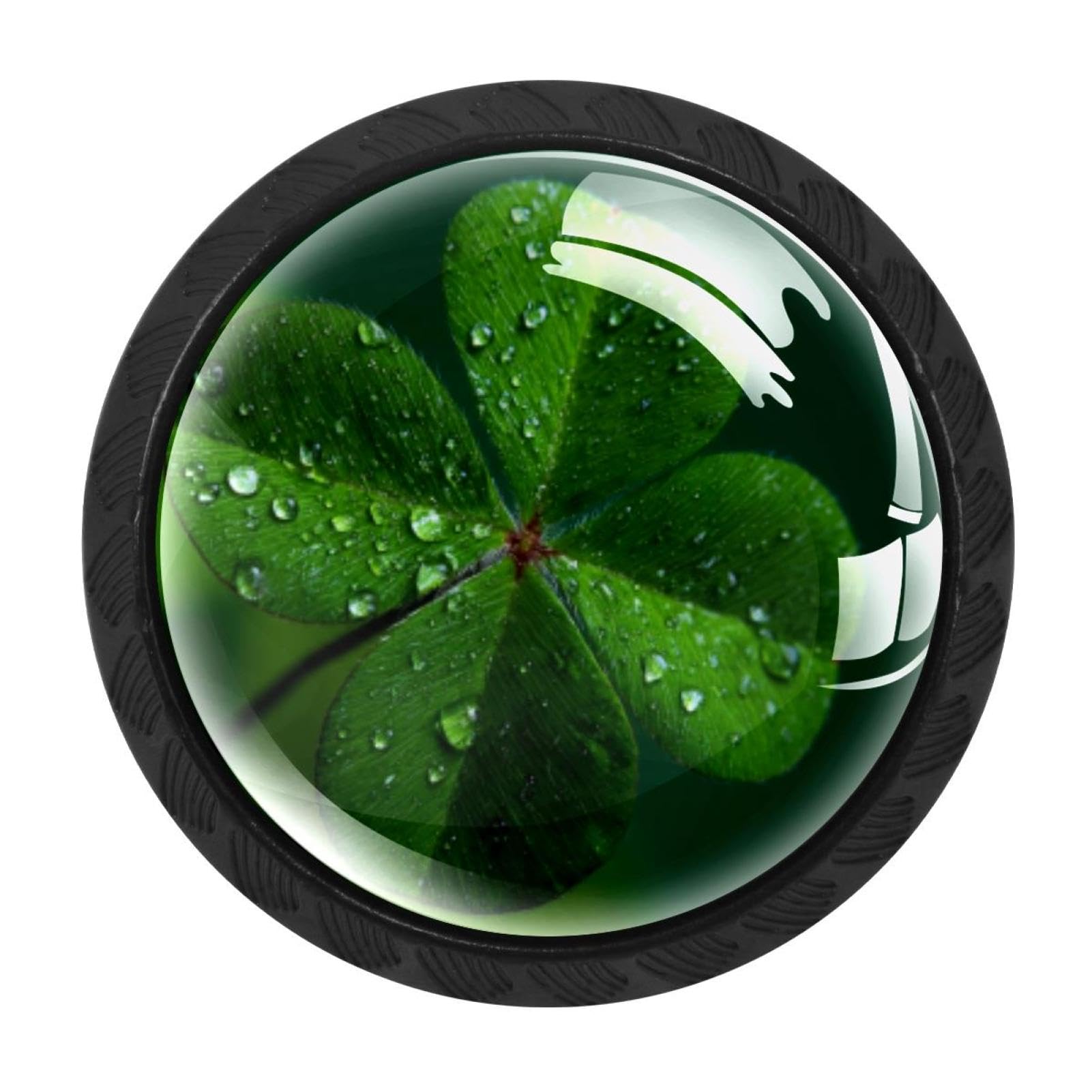 CHENZZZZ 4 pcs St. Patrick's Green Four Leaf Clover (3) Cabinet Knobs Crystal Drawer Pulls for Kitchen, Bathroom Cabinet, Dresser and Cupboard