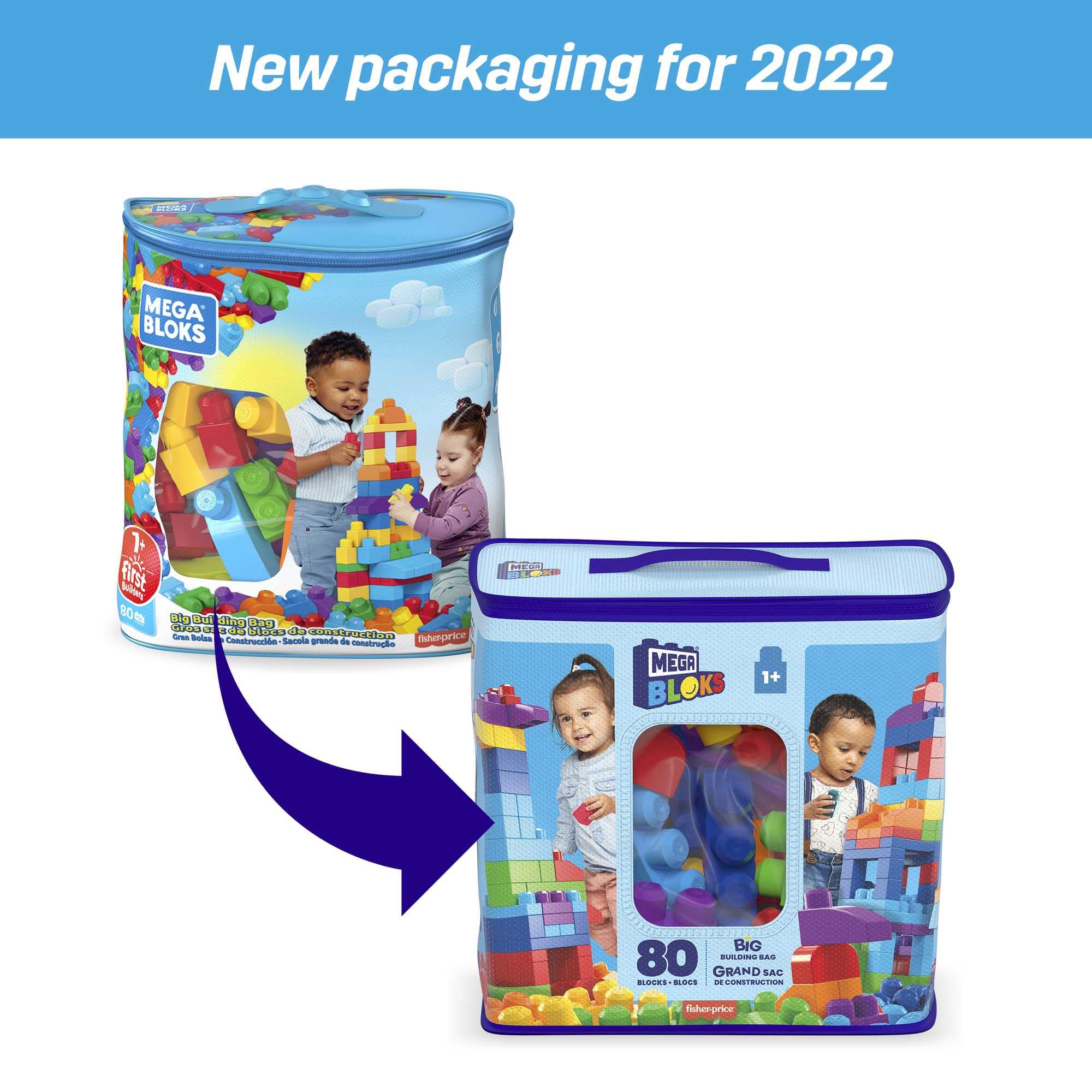 MEGA BLOKS Fisher-Price Bausteine für Kleinkinder, großer Bausteinebeutel mit 80 Teilen und Aufbewahrungsmöglichkeit, Blau, Geschenkideen für Kinder ab 1 Jahr, DCH63