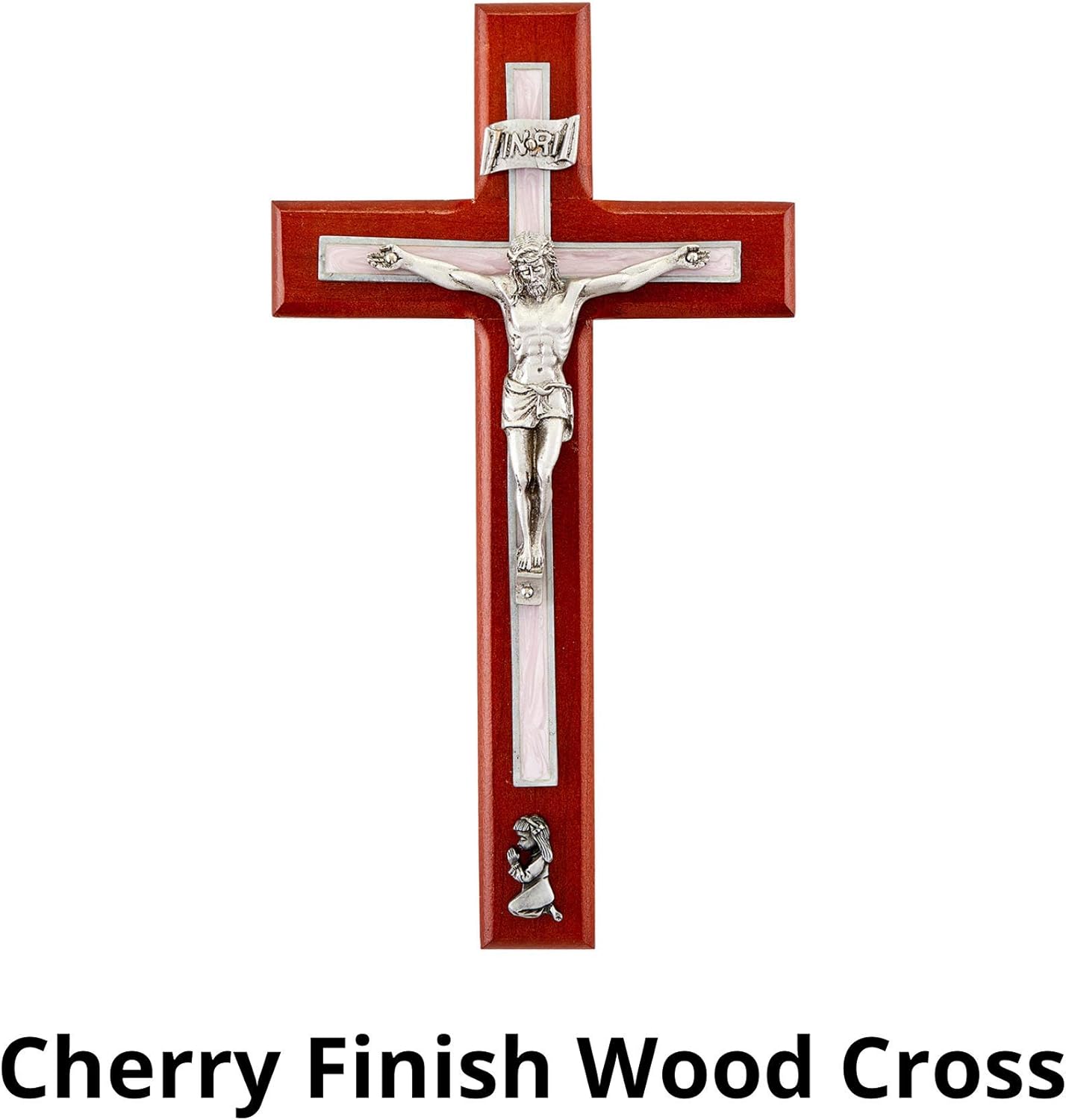 Cherry Wood Wall Cross Crucifix with Pink Epoxy Inlay, Baptism Gifts for Boys and Girls, 10 Inch