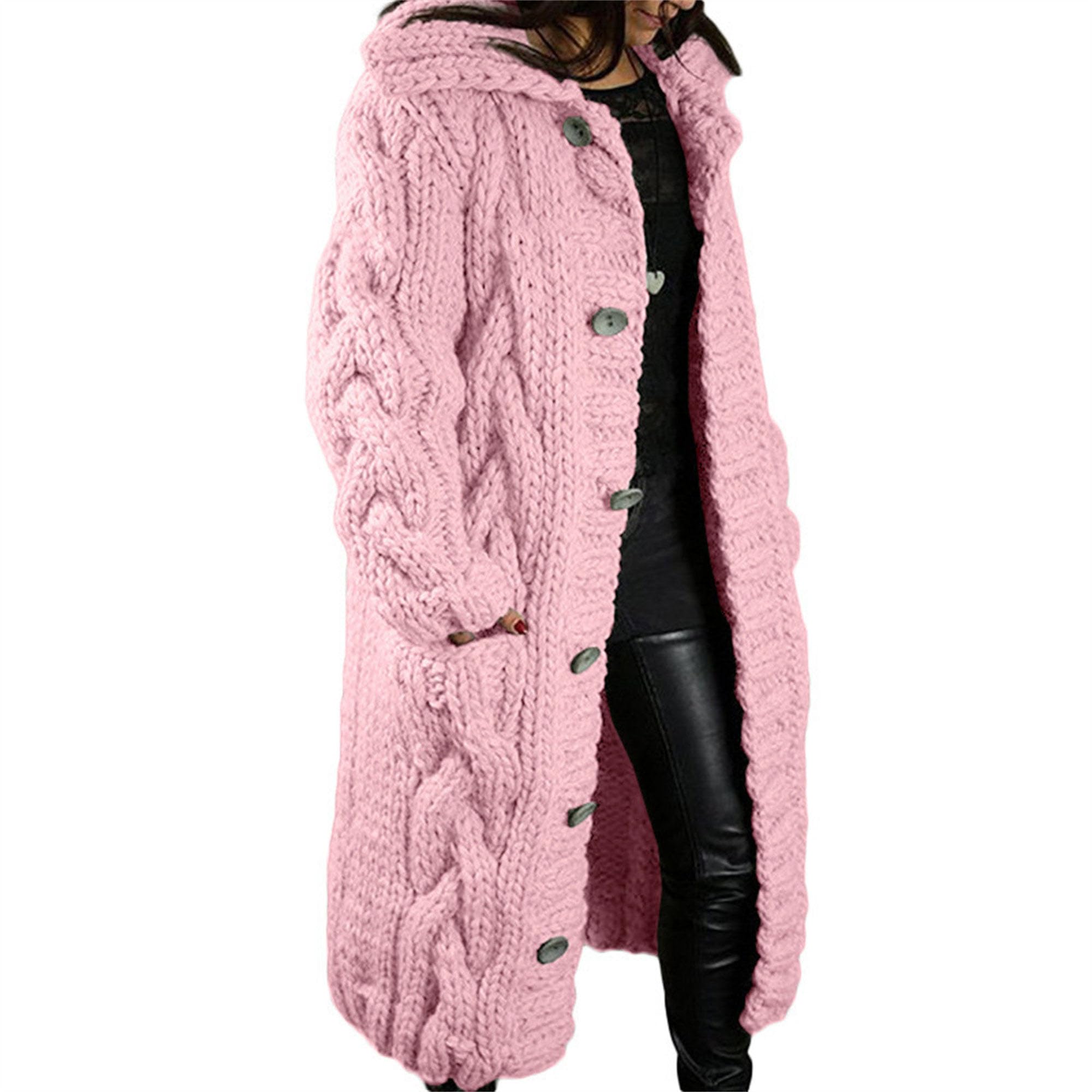 Women Long Sleeve Cable Knit Long Cardigan Jacket 2024 Winter Chunky Open Front Button Sweaters with Pockets (X-Large,Pink 2)