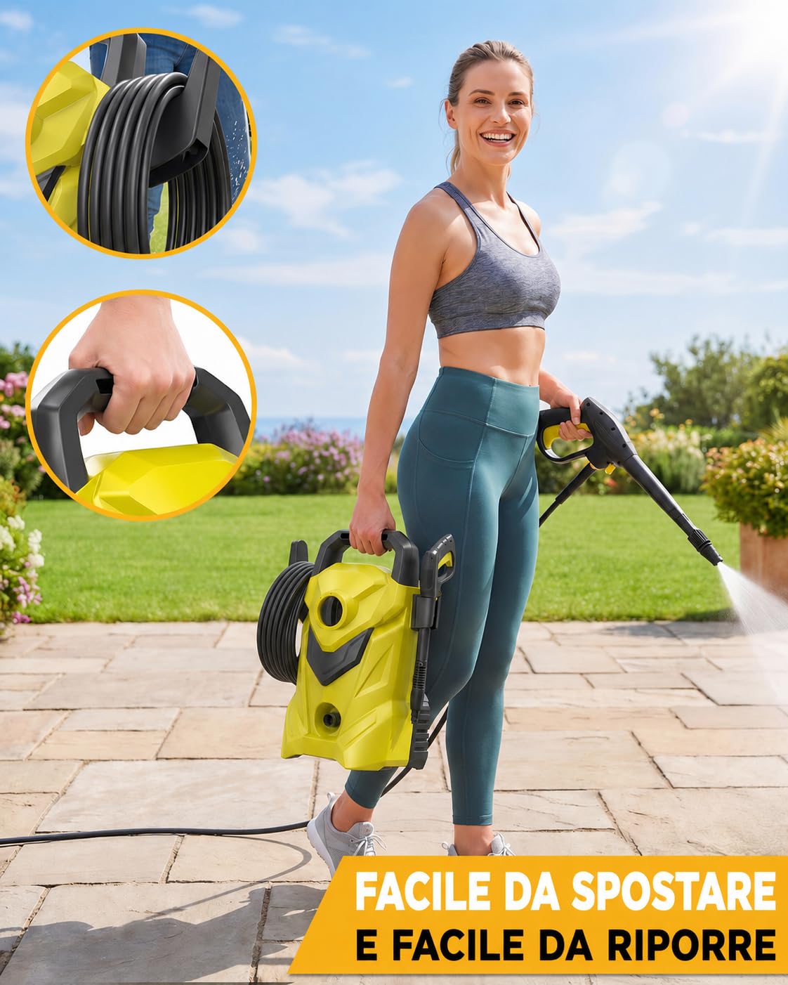 Idropulitrice Compatta Alta Pressione 135 Bar, Portata 360L/h con Pompa in Alluminio, Design Salva-Spazio Portatile, Pulitore Professionale per Auto, Bici, Mobili da Giardino e Terrazzi