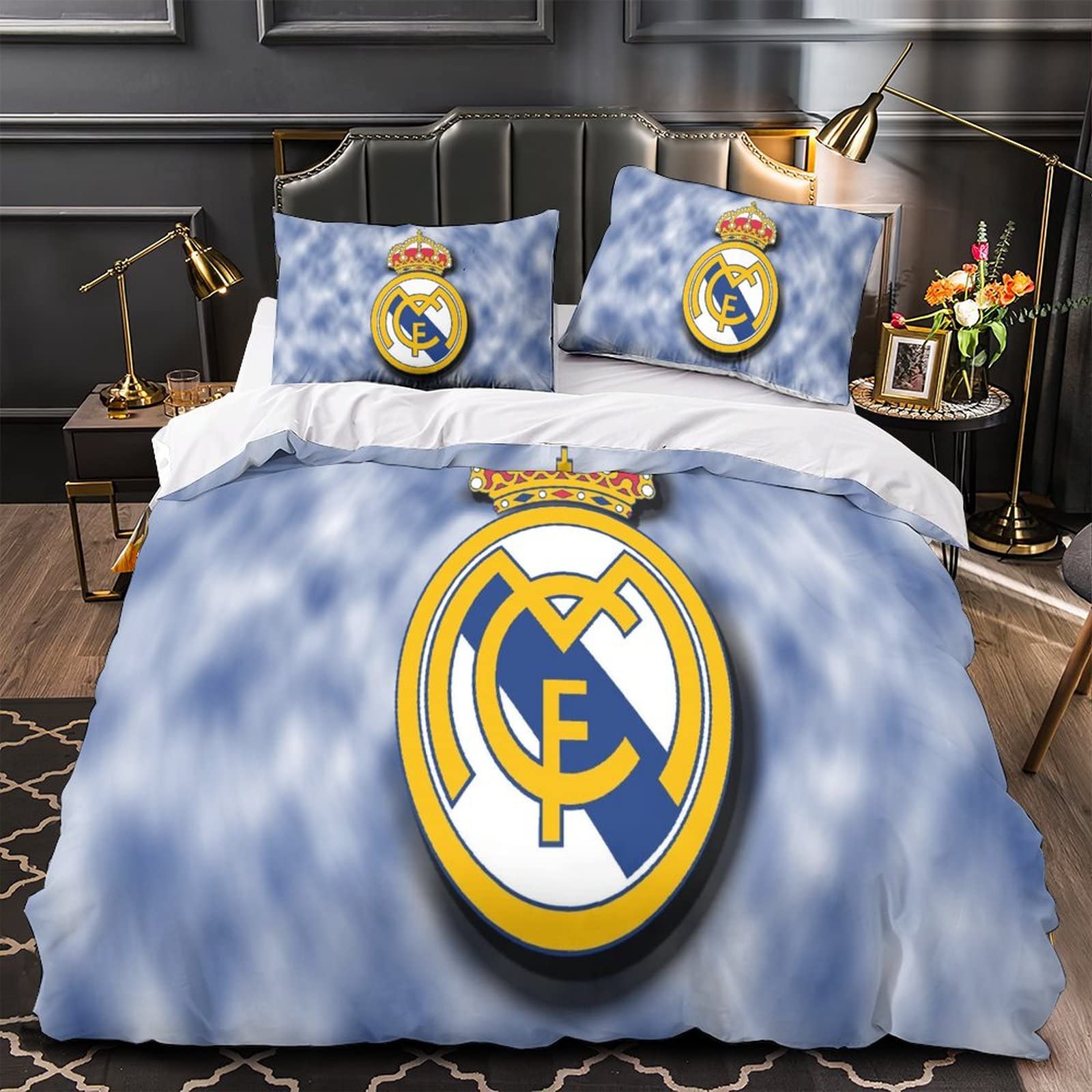 Equipo de Fútbol Real Madrid Juego de Funda Nórdica Cama de 90cm Funda de Edredón de Microfibra Suave con 2 Fundas de Almohada 50x75