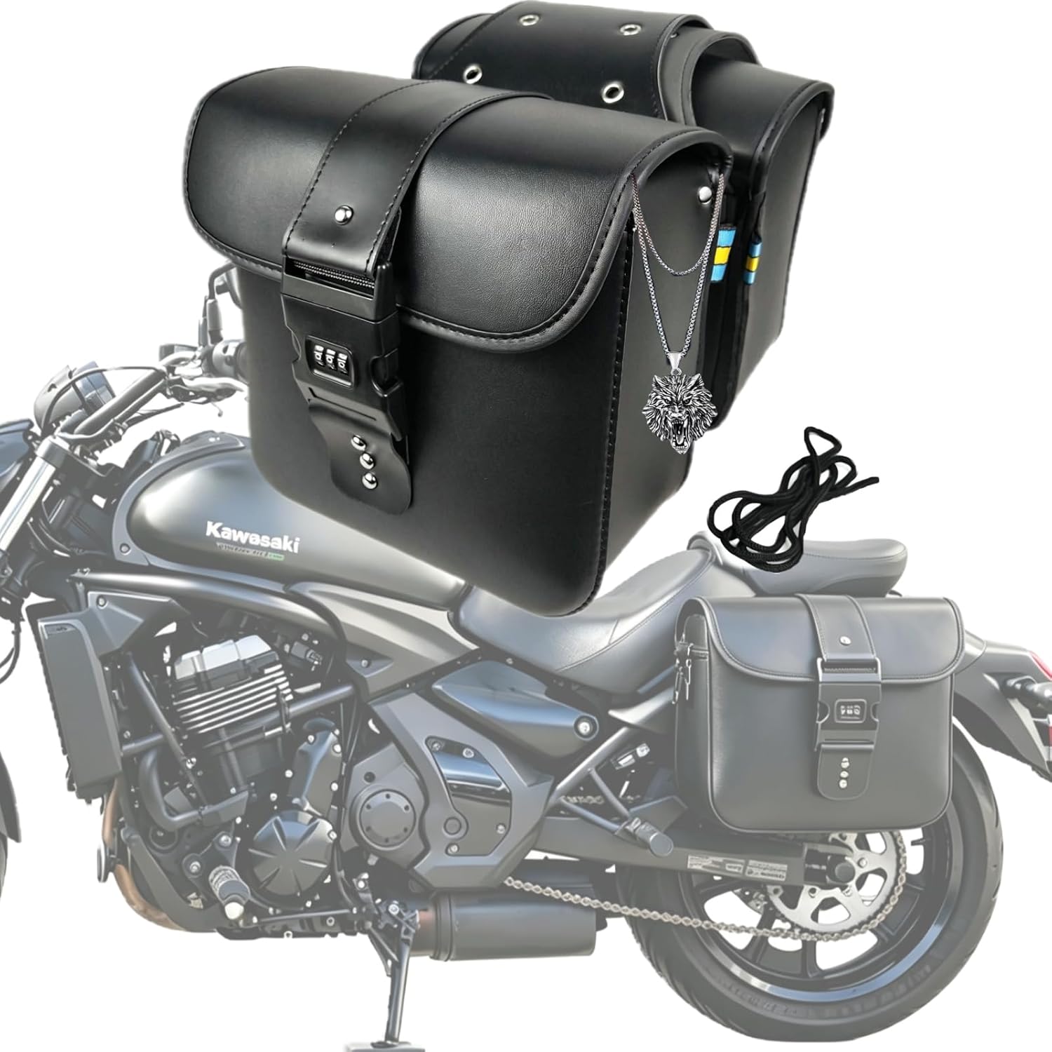 Universal PU Leather Motorcycle Saddlebags 16L Total(8L×2), Lockable Waterproof Side Bags, Universal Fit for Harley Vintage Cruiser, Honda Rebel300 Rebel500 & Most Cruiser Motorcycles