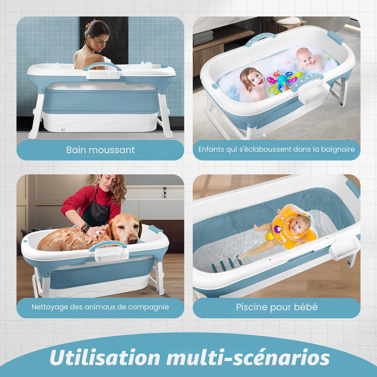 Baignoire Pliable pour Adulte - 148 x 62 x 53 cm - Mobile avec Couvercle - Panier à Savon Portable - Roulettes de Massage - Idéal pour Petites Salles de Bains