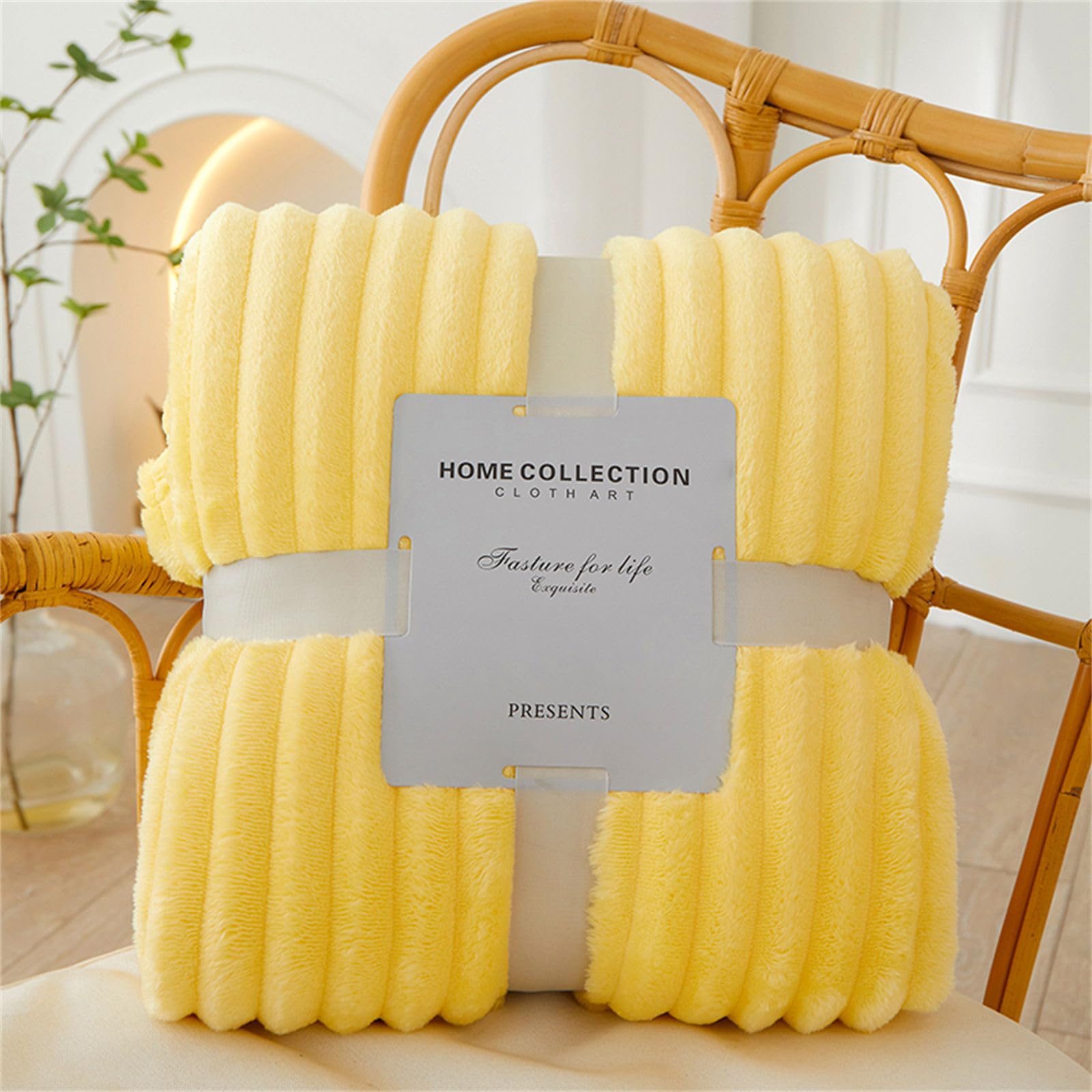 Chickwin Solid Color Flannel Fleece Throw Blanket, Stripes Jacquard Fluffy Blankets Microfiber Throw Blanket Warm Thick Soft Comfortable Sofa Throws Winter Blanket for Bed (120x200cm,Yellow)