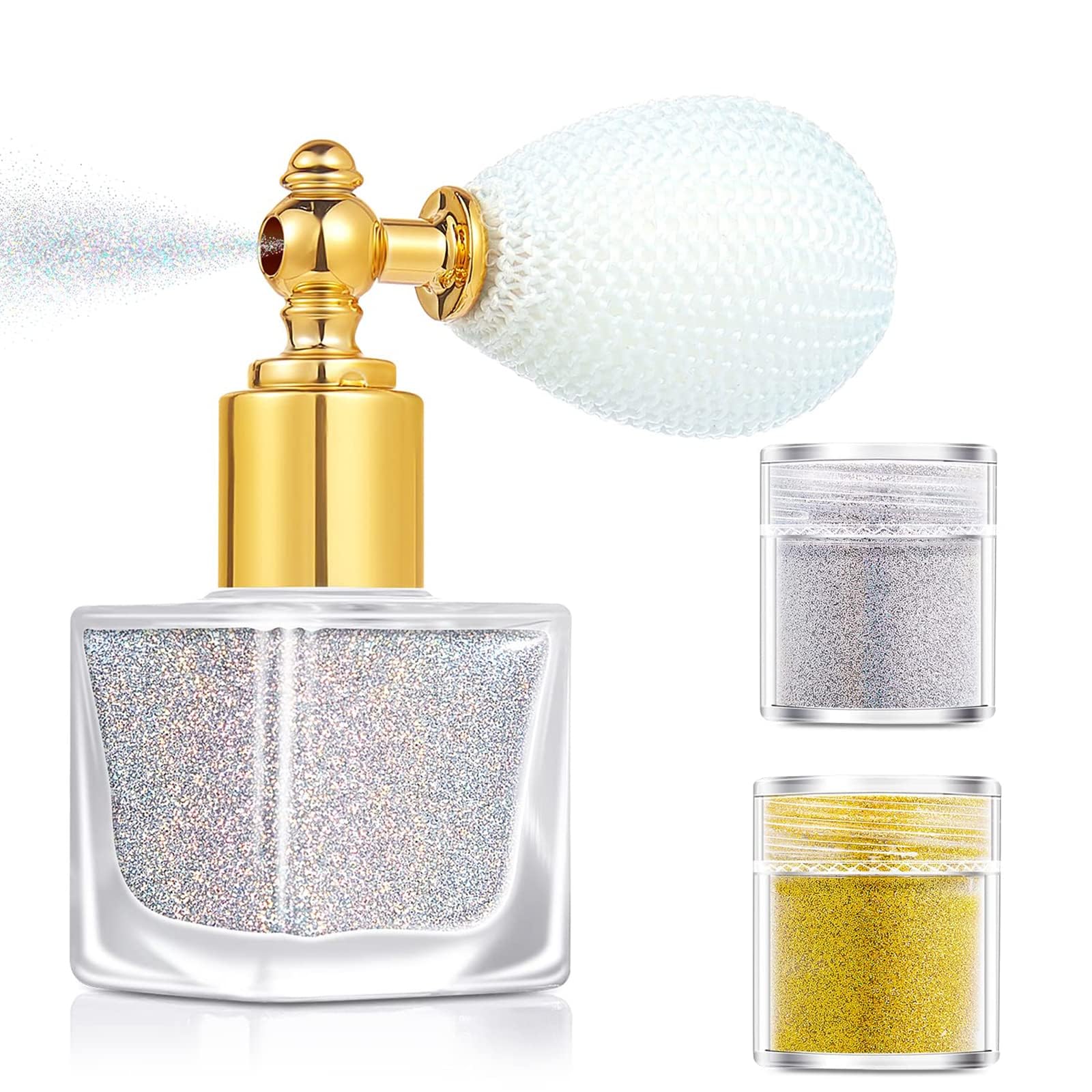 Body Glitter Spray, Sliver Gold Glitter Powder, Shimmer Highlighter Loose Powder Glitter Makeup for Body Face Hair Clothes Nail Art Craft Design(1 bottle spray + 2 spare bottles)