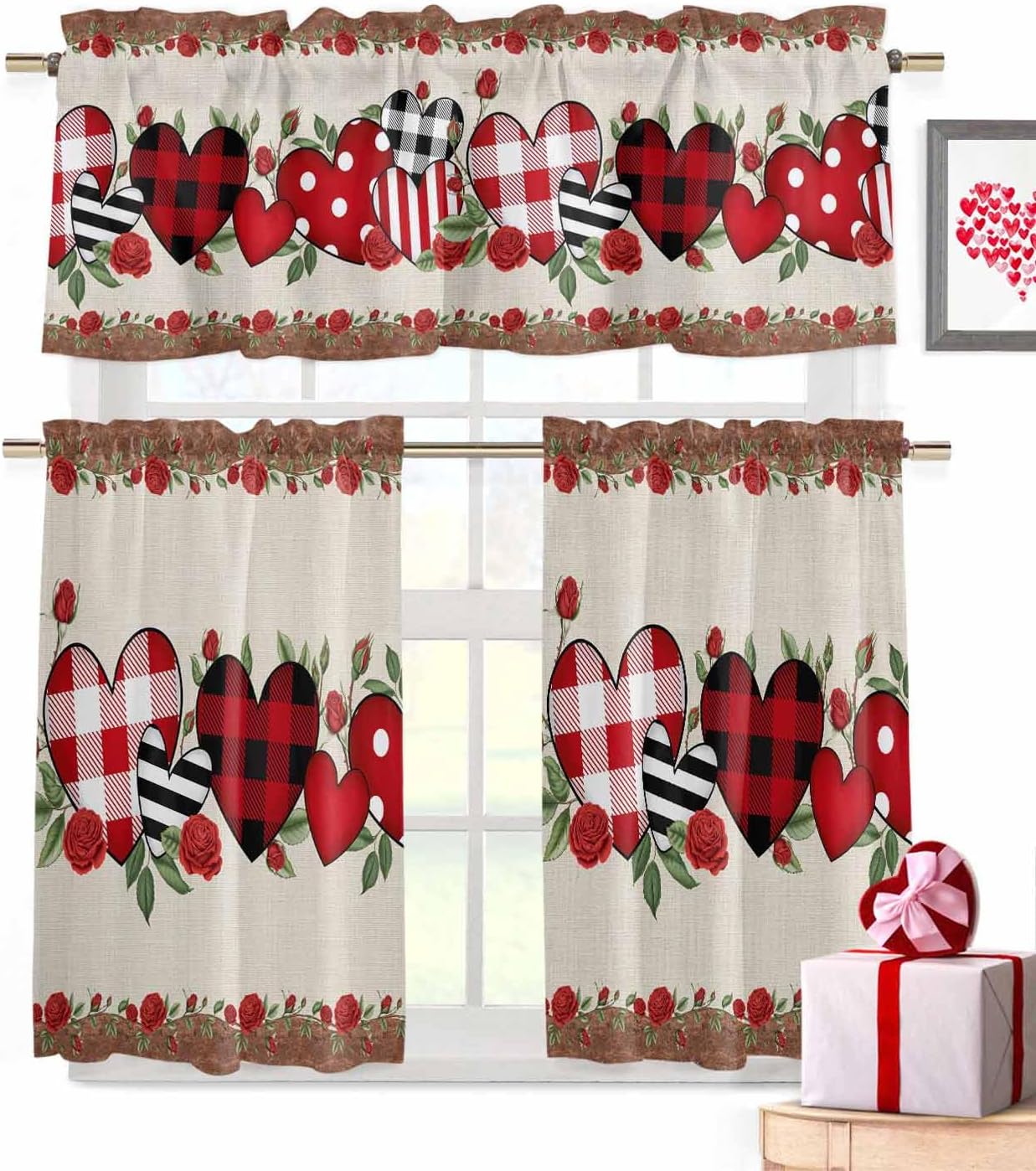 3 Piece Kitchen Curtains and Valances Set Red Valentine's Day Cafe Curtains 24 Inch Length Love Heart Roses Leaves Romantic Valance & Tier Curtain for Living Room Bedroom Window 54"x18"+27"x24"*2